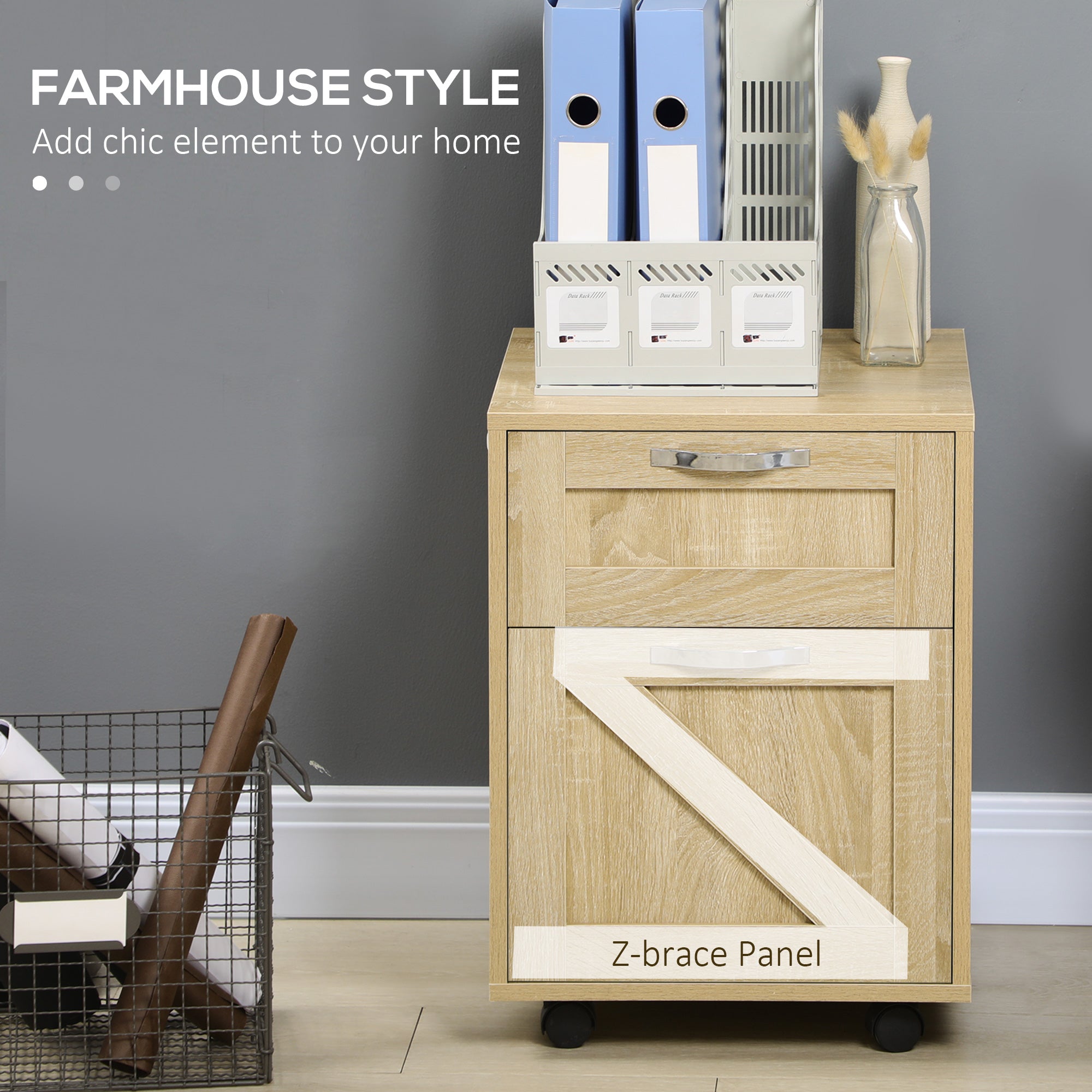 Vinsetto Farmhouse Vertical Filing Cabinet, 2 Drawers File Cabinet with Hanging Bars for Letter and A4 Size, Rolling Printer Stand for Home Office, Natural