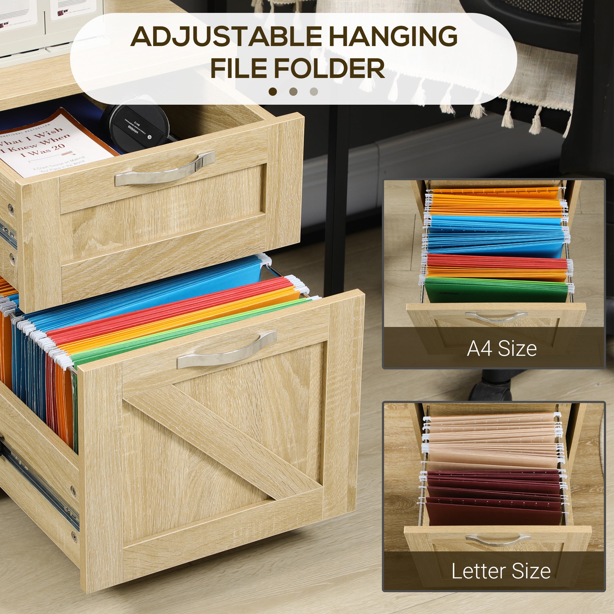 Vinsetto Farmhouse Vertical Filing Cabinet, 2 Drawers File Cabinet with Hanging Bars for Letter and A4 Size, Rolling Printer Stand for Home Office, Natural