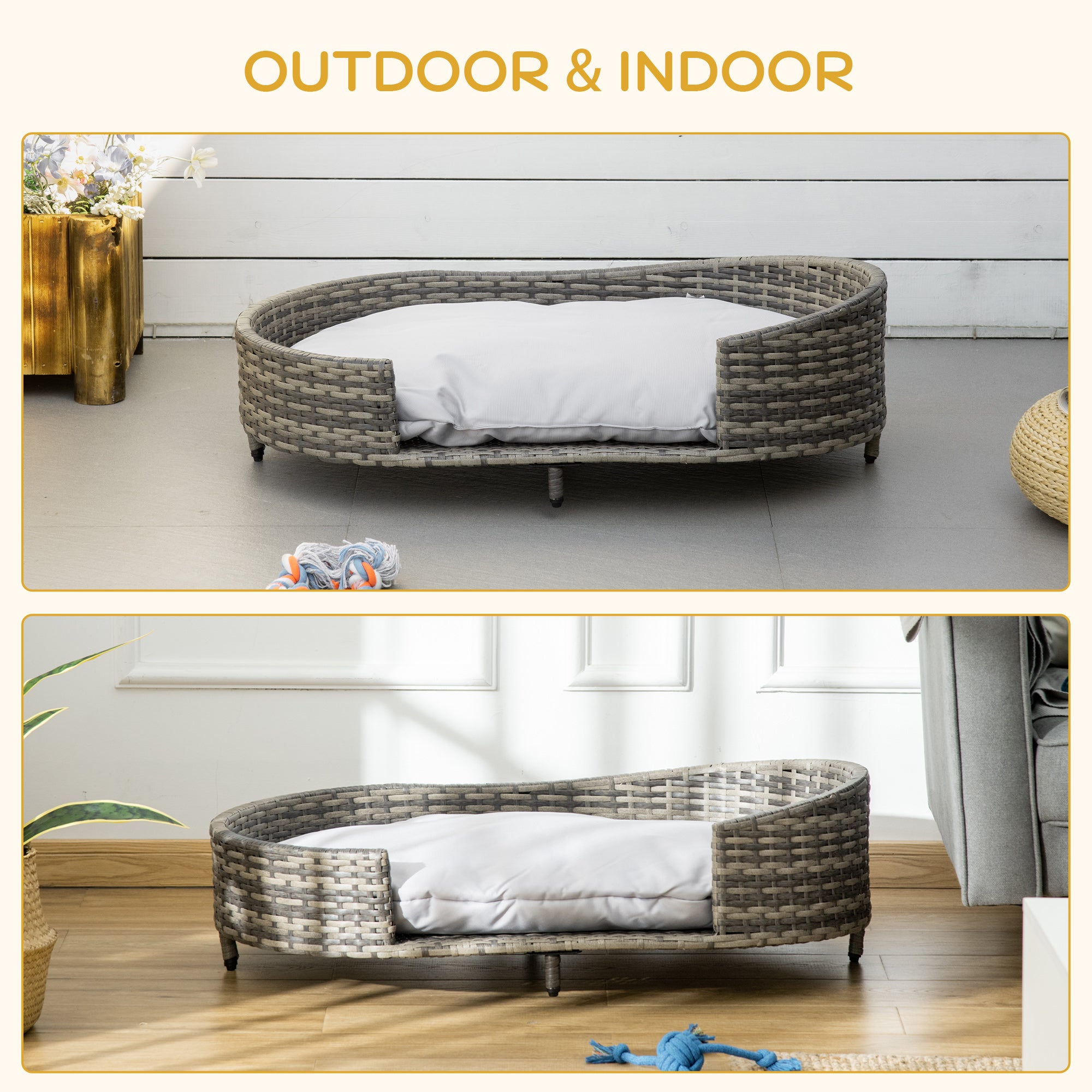 PawHut Wicker Dog Sofa with Soft Water-resistant Cushion, Rattan Cat Bed Raised Pet Bed Hand Woven with Washable Cover Indoor Outdoor Use, for Large Sized Dogs