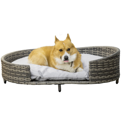 PawHut Wicker Dog Sofa with Soft Water-resistant Cushion, Rattan Cat Bed Raised Pet Bed Hand Woven with Washable Cover Indoor Outdoor Use, for Large Sized Dogs