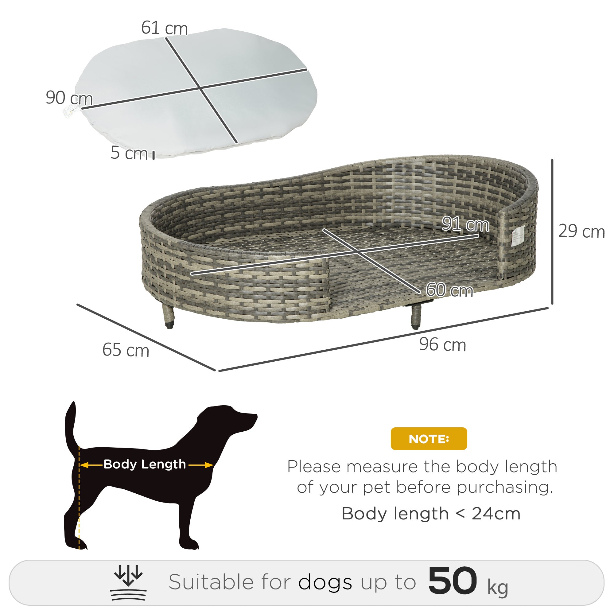 PawHut Wicker Dog Sofa with Soft Water-resistant Cushion, Rattan Cat Bed Raised Pet Bed Hand Woven with Washable Cover Indoor Outdoor Use, for Large Sized Dogs