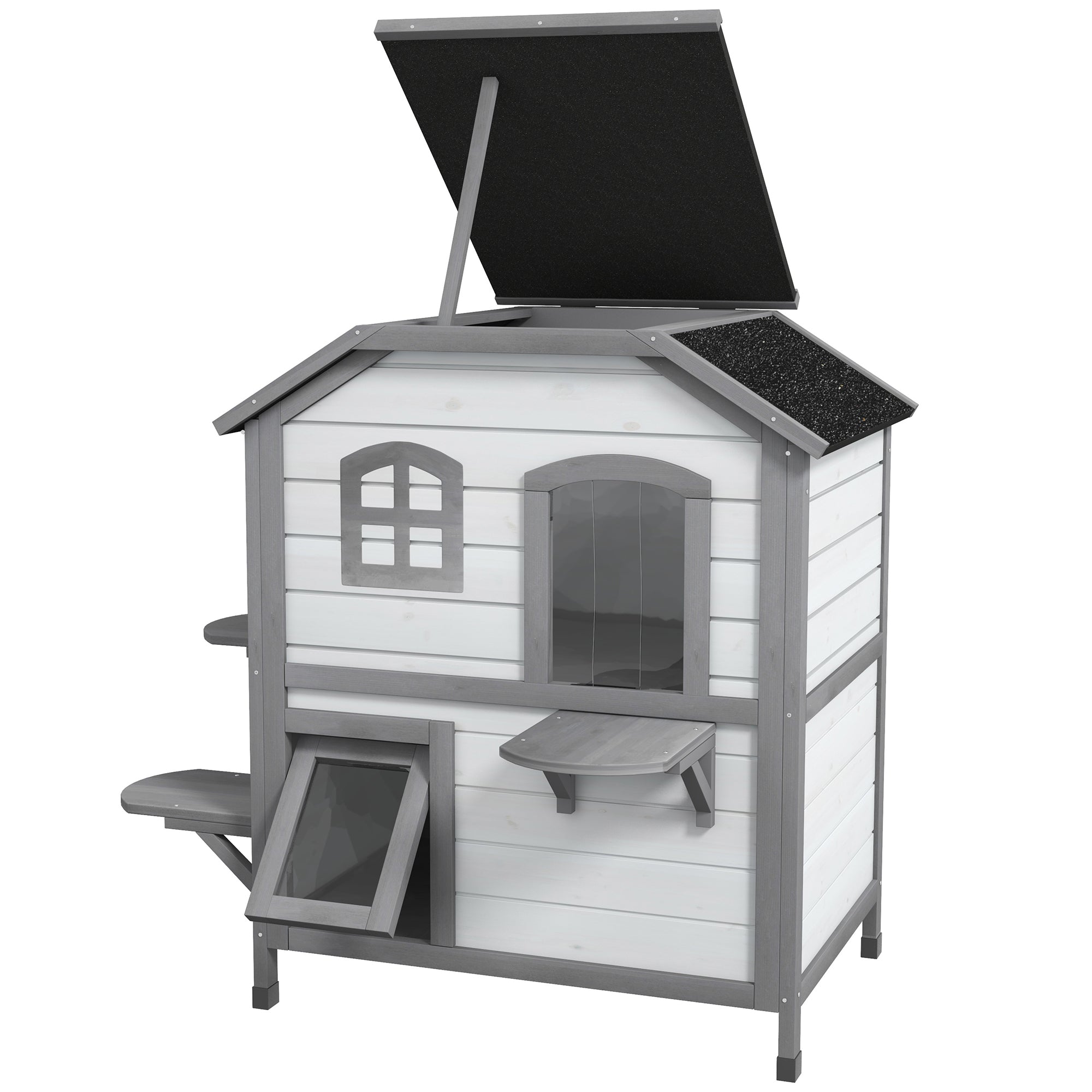 PawHut 2-story Cat House Outdoor, Weatherproof Wooden Cat Enclosure for Feral Cats with Escape Door, Openable Roof, Jumping Platforms, White