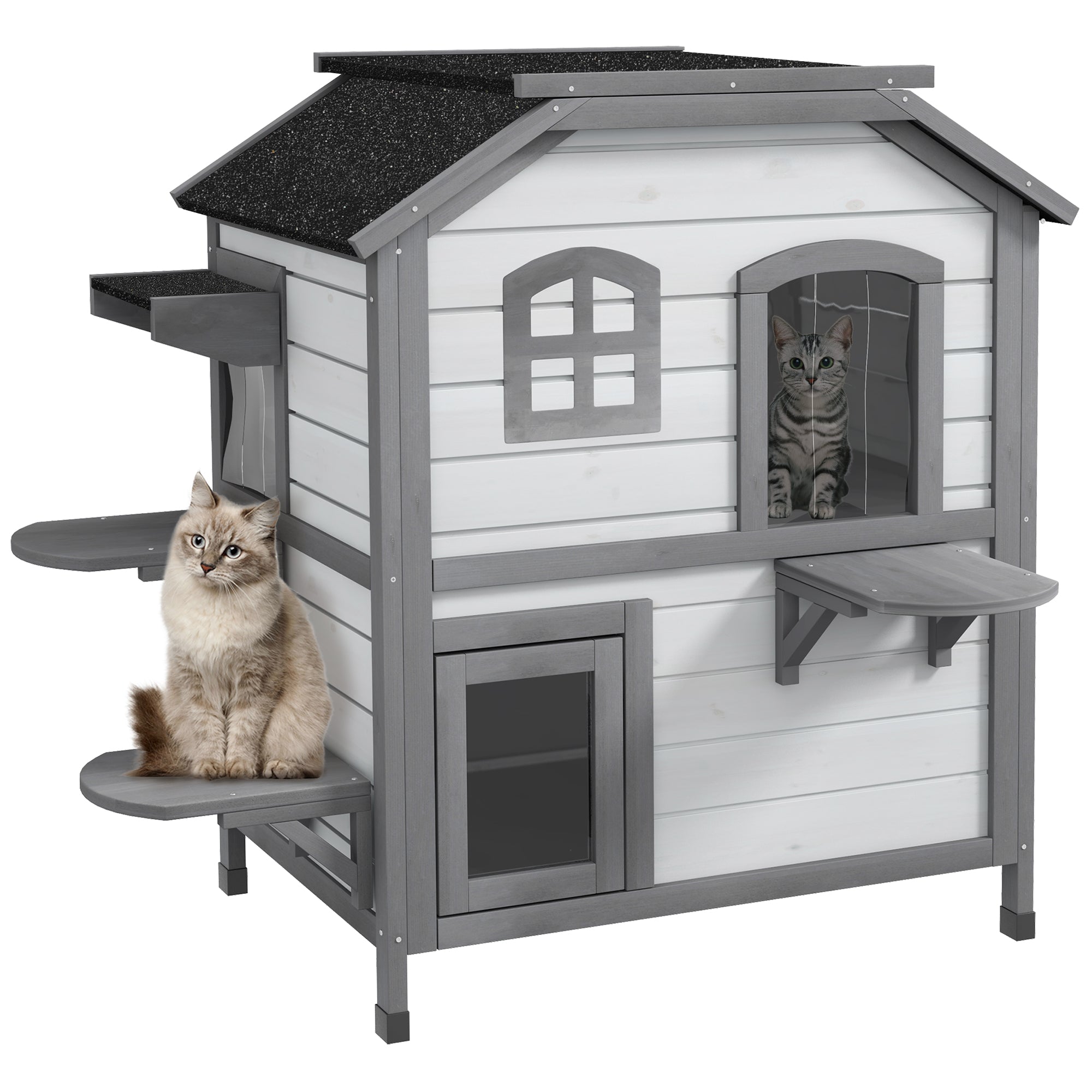 PawHut 2-story Cat House Outdoor, Weatherproof Wooden Cat Enclosure for Feral Cats with Escape Door, Openable Roof, Jumping Platforms, White