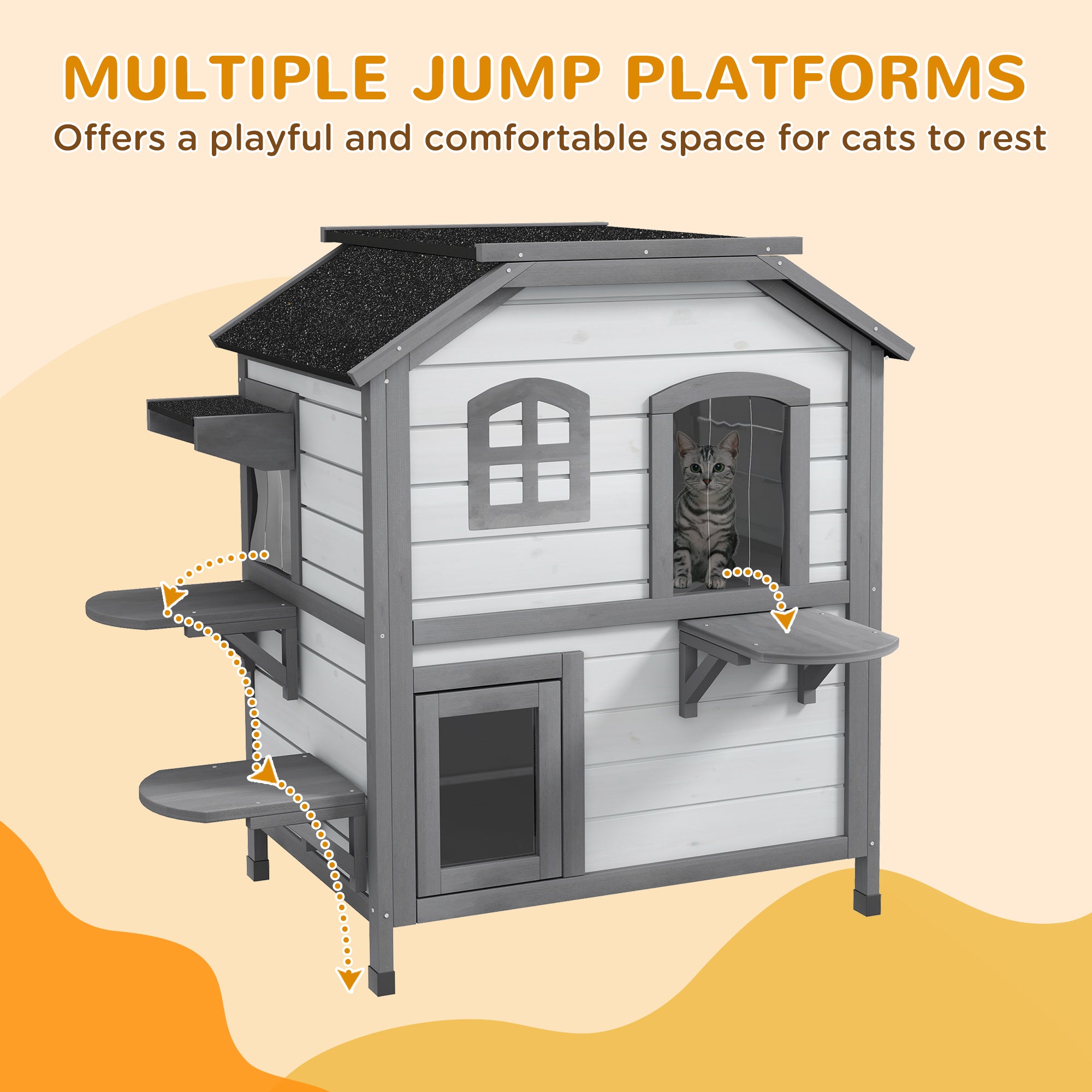 PawHut 2-story Cat House Outdoor, Weatherproof Wooden Cat Enclosure for Feral Cats with Escape Door, Openable Roof, Jumping Platforms, White