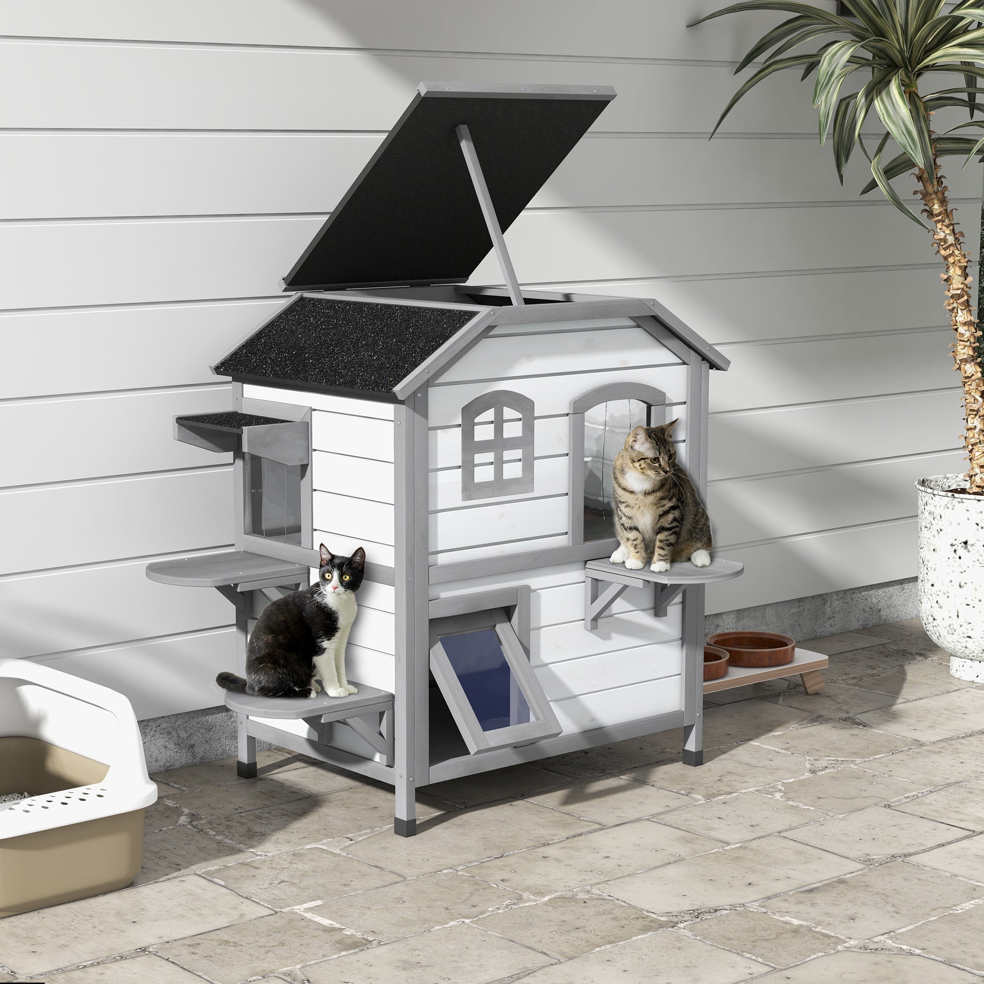 PawHut 2-story Cat House Outdoor, Weatherproof Wooden Cat Enclosure for Feral Cats with Escape Door, Openable Roof, Jumping Platforms, White