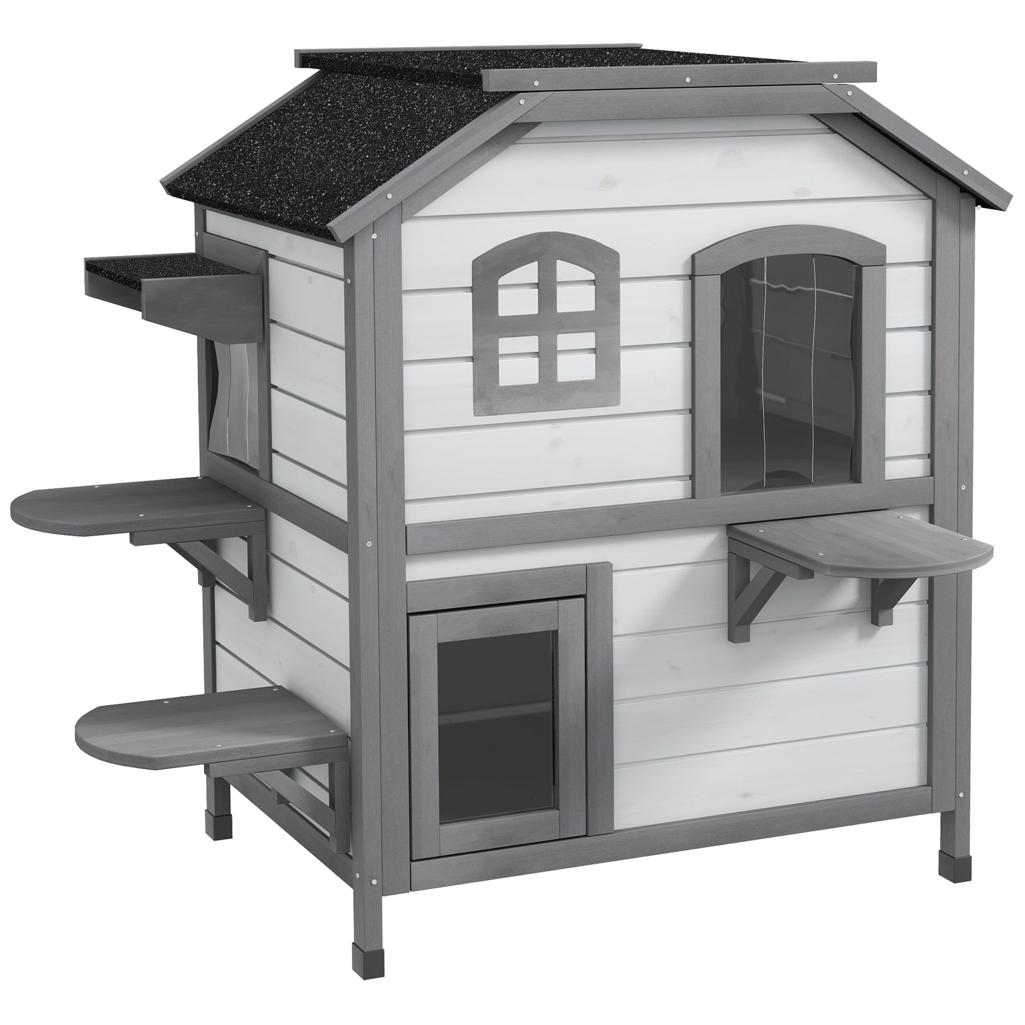 PawHut 2-story Cat House Outdoor, Weatherproof Wooden Cat Enclosure for Feral Cats with Escape Door, Openable Roof, Jumping Platforms, White