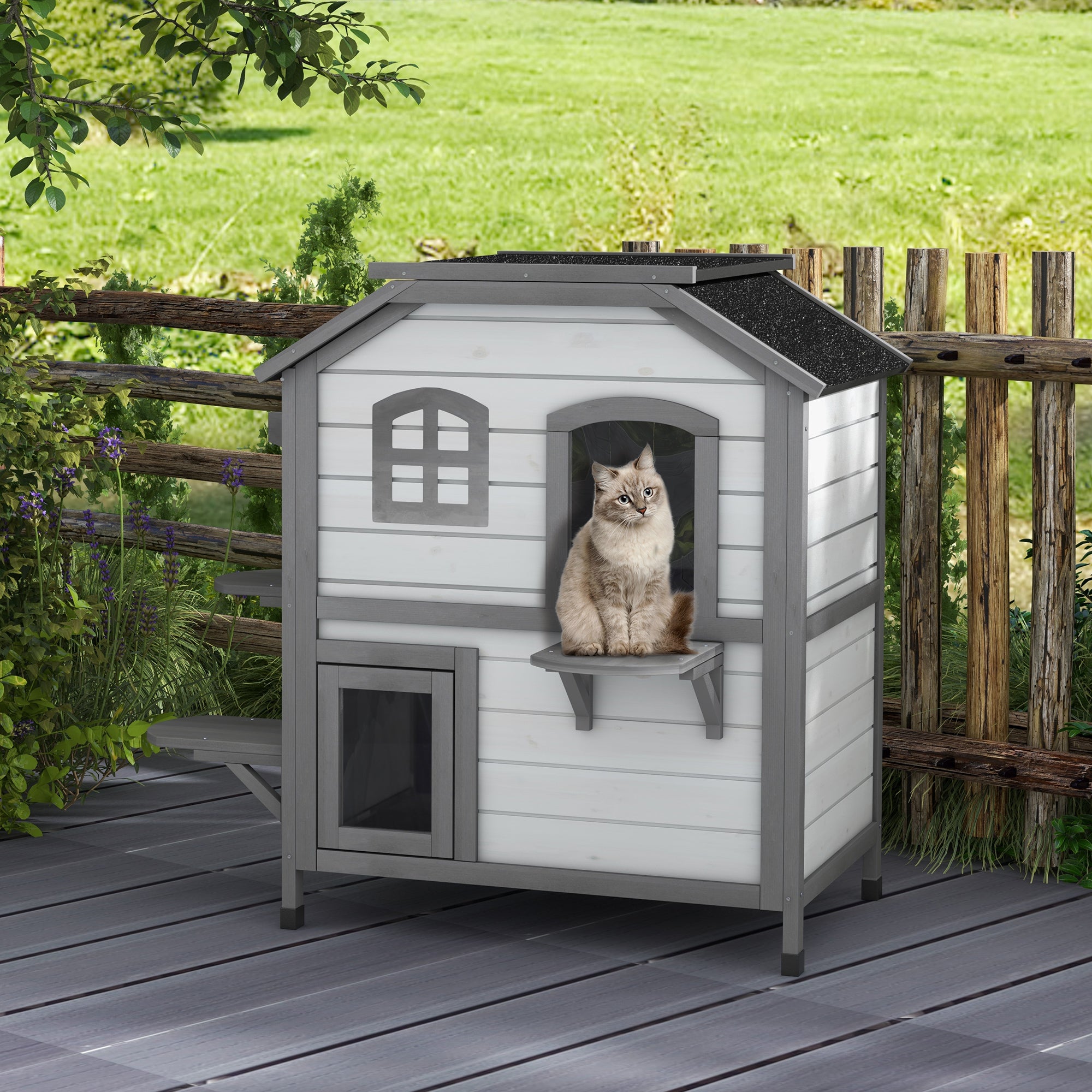 PawHut 2-story Cat House Outdoor, Weatherproof Wooden Cat Enclosure for Feral Cats with Escape Door, Openable Roof, Jumping Platforms, White