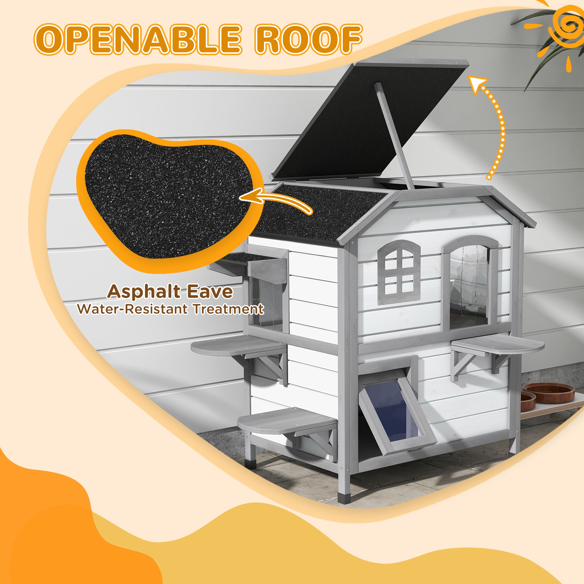 PawHut 2-story Cat House Outdoor, Weatherproof Wooden Cat Enclosure for Feral Cats with Escape Door, Openable Roof, Jumping Platforms, White