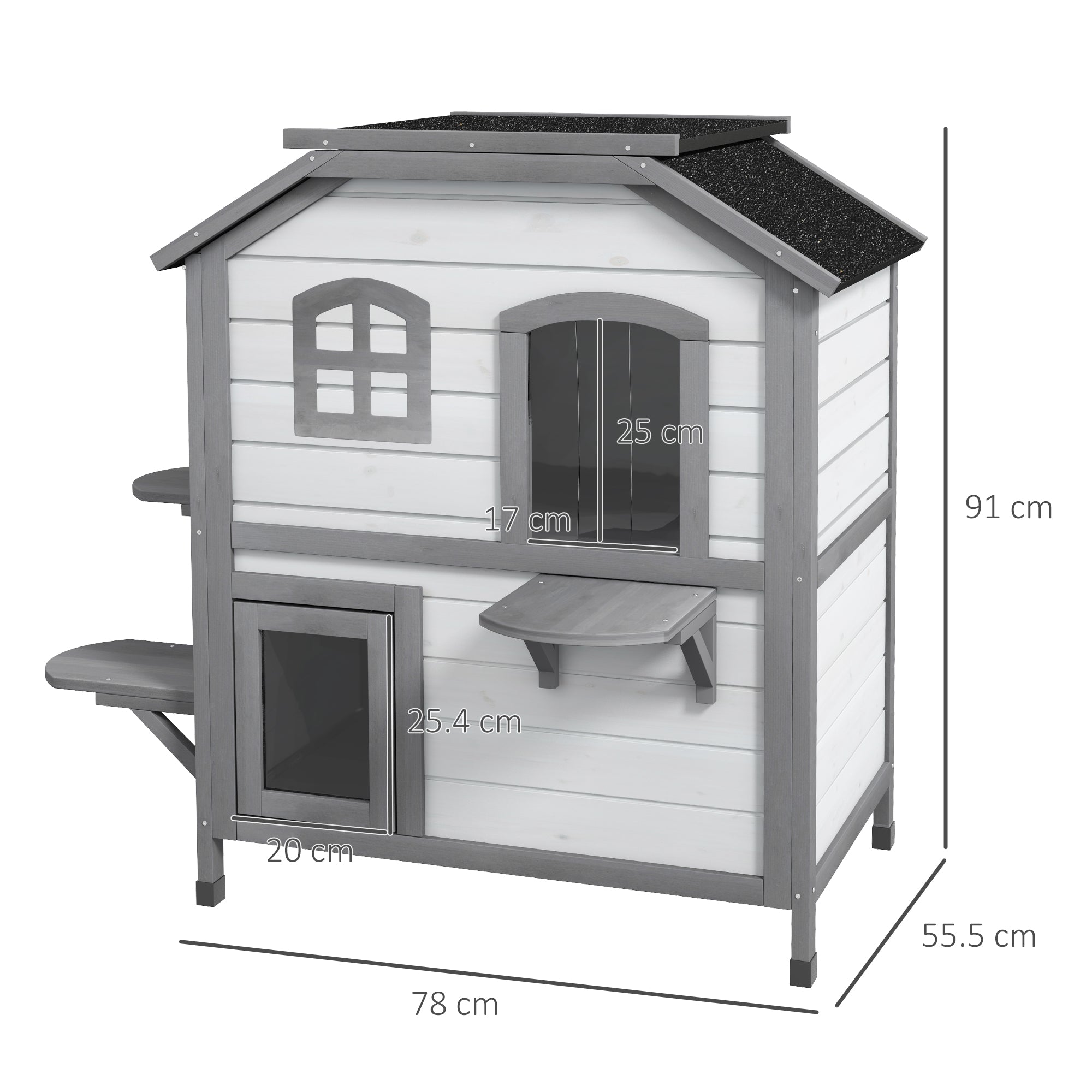 PawHut 2-story Cat House Outdoor, Weatherproof Wooden Cat Enclosure for Feral Cats with Escape Door, Openable Roof, Jumping Platforms, White