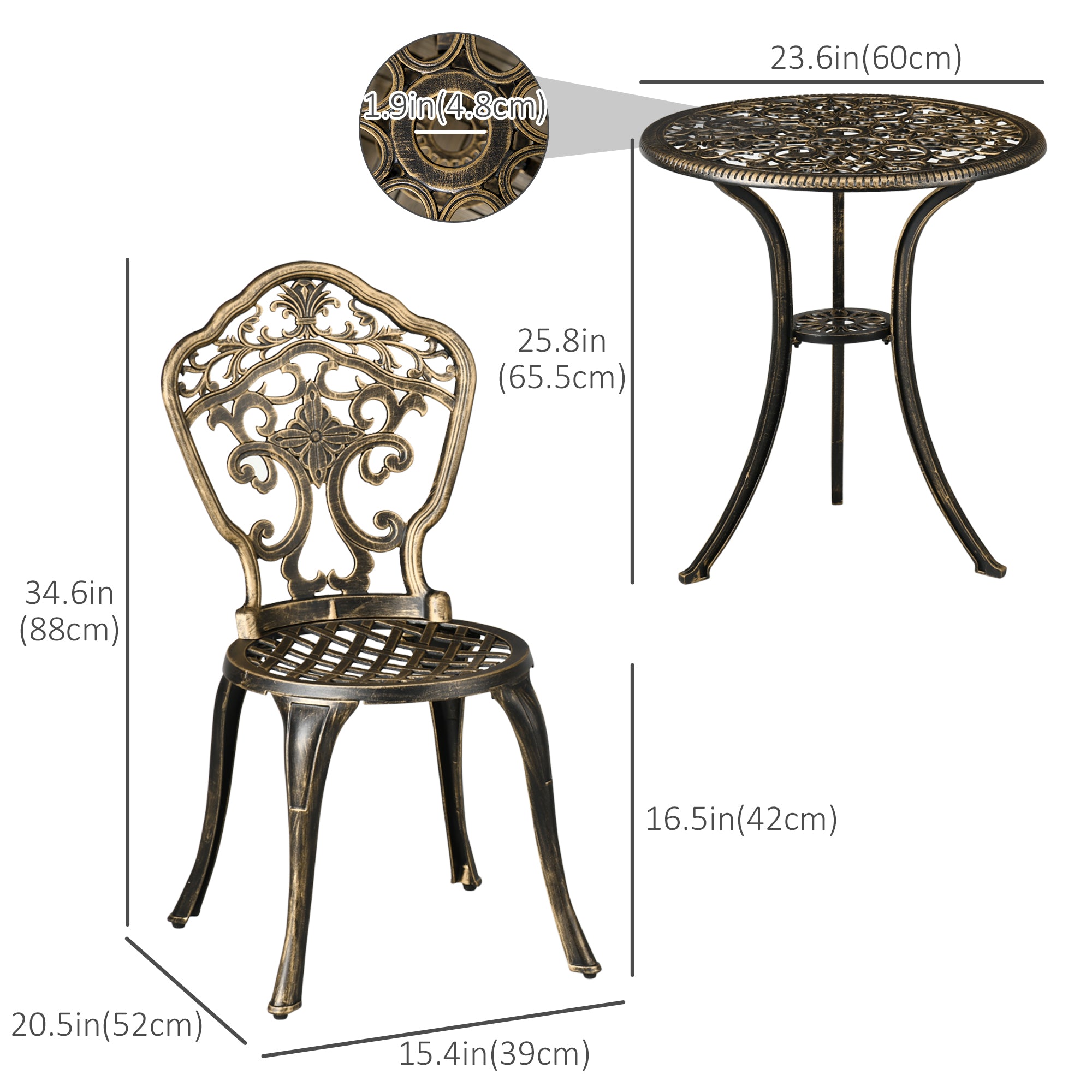 Outsunny 3 Piece Cast Aluminium Garden Bistro Set for 3, Outdoor Coffee Table Set with Parasol Hole, Two Armless Chairs and Round Coffee Table for Balcony, Patio, Bronze