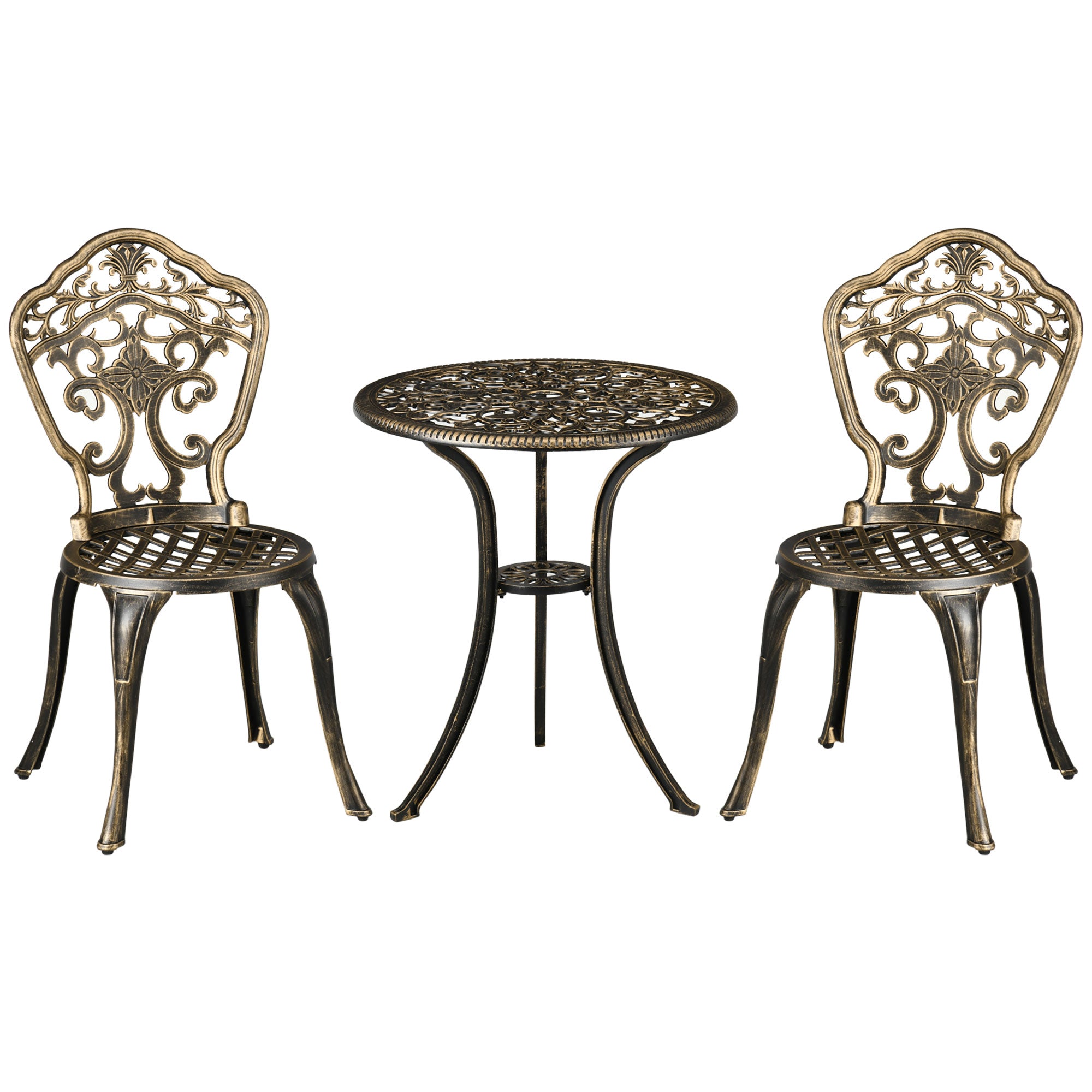 Outsunny 3 Piece Cast Aluminium Garden Bistro Set for 3, Outdoor Coffee Table Set with Parasol Hole, Two Armless Chairs and Round Coffee Table for Balcony, Patio, Bronze