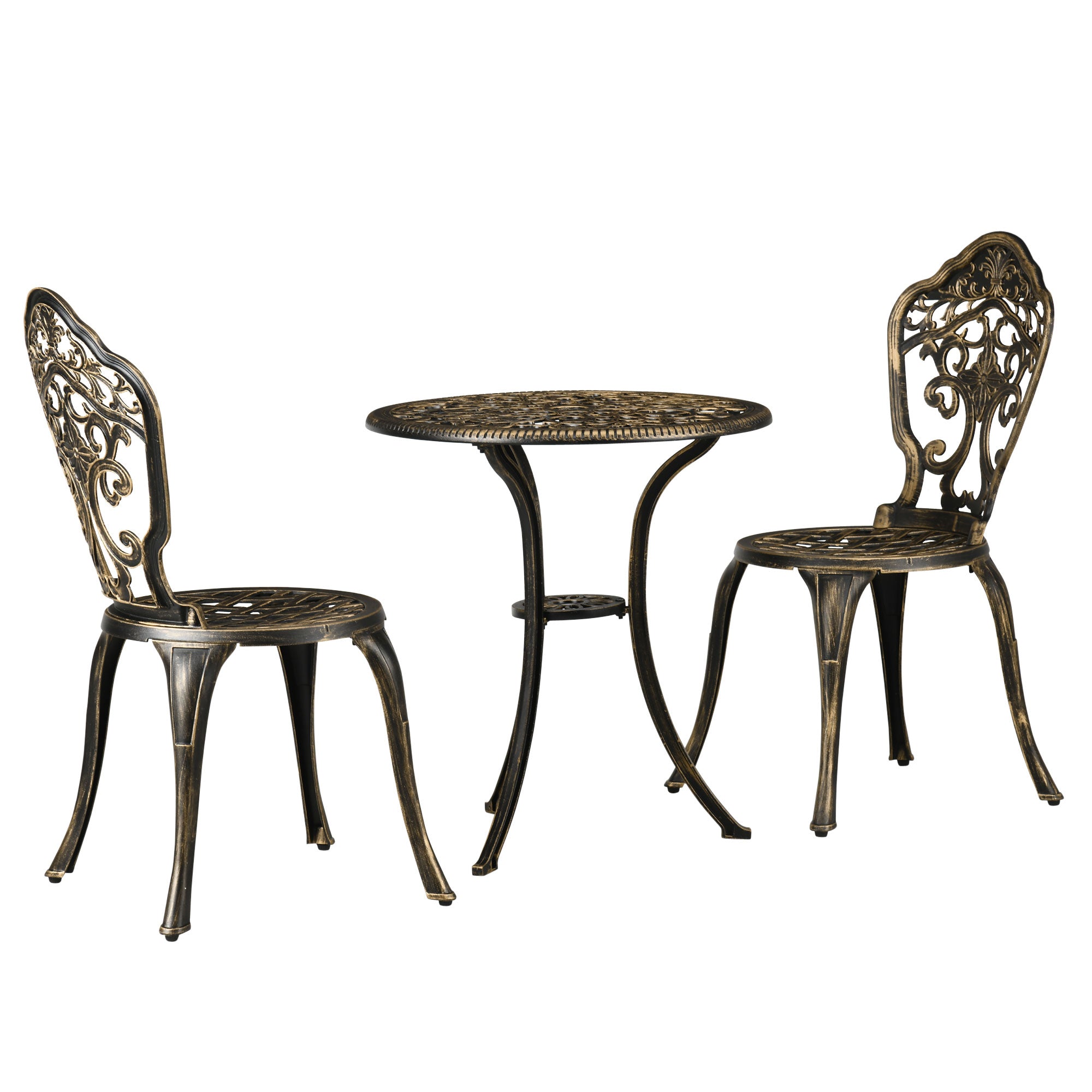Outsunny 3 Piece Cast Aluminium Garden Bistro Set for 3, Outdoor Coffee Table Set with Parasol Hole, Two Armless Chairs and Round Coffee Table for Balcony, Patio, Bronze