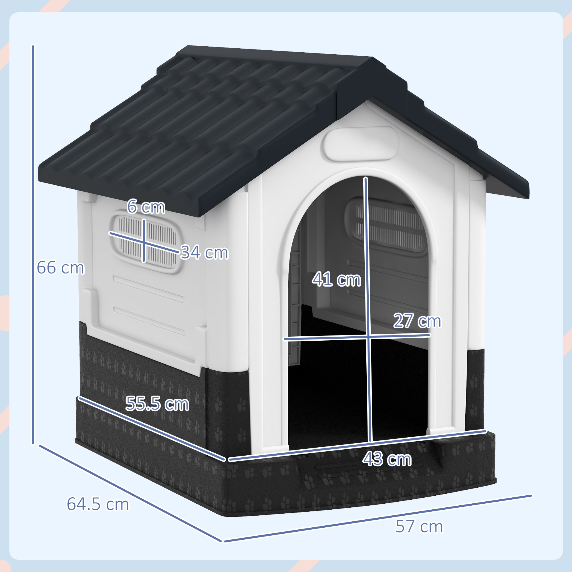 PawHut Dog Kennel for Outside, Plastic Dog House, Water-Resistant Pet Shelter with Windows, for Garden Patio, Miniature Dogs, 64.5 x 57 x 66cm - Grey