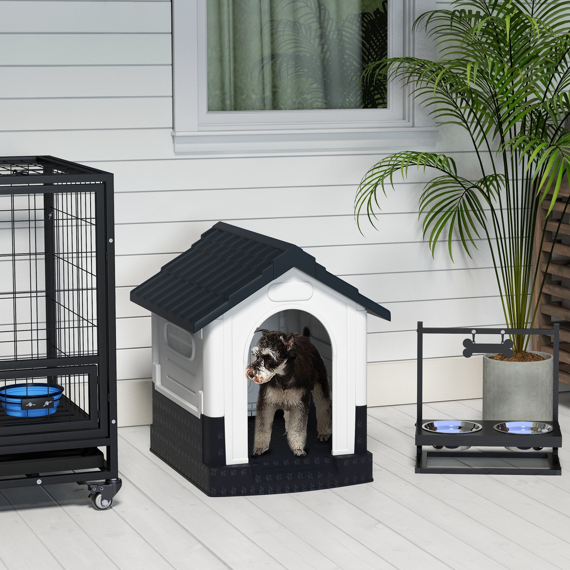 PawHut Dog Kennel for Outside, Plastic Dog House, Water-Resistant Pet Shelter with Windows, for Garden Patio, Miniature Dogs, 64.5 x 57 x 66cm - Grey
