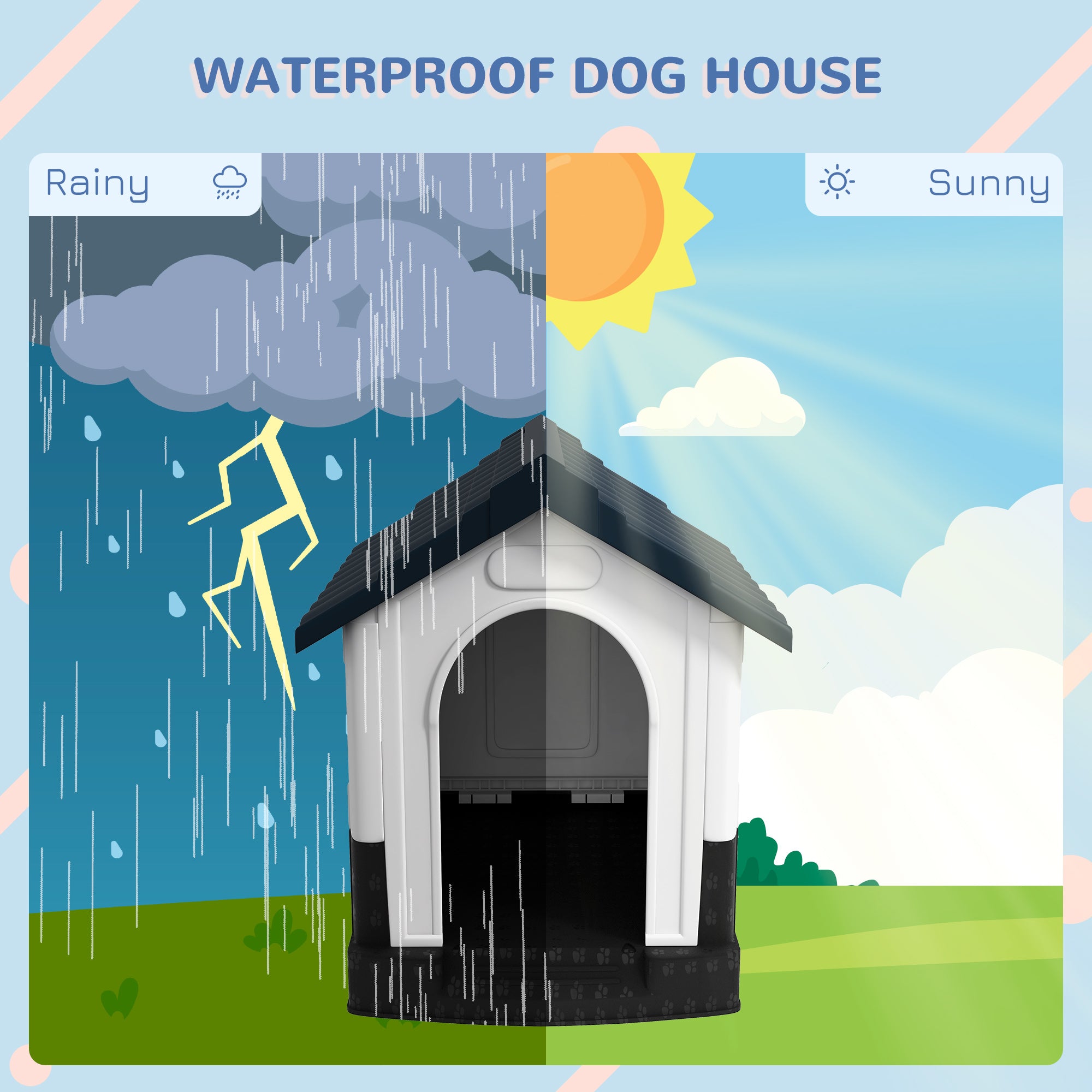 PawHut Dog Kennel for Outside, Plastic Dog House, Water-Resistant Pet Shelter with Windows, for Garden Patio, Miniature Dogs, 64.5 x 57 x 66cm - Grey