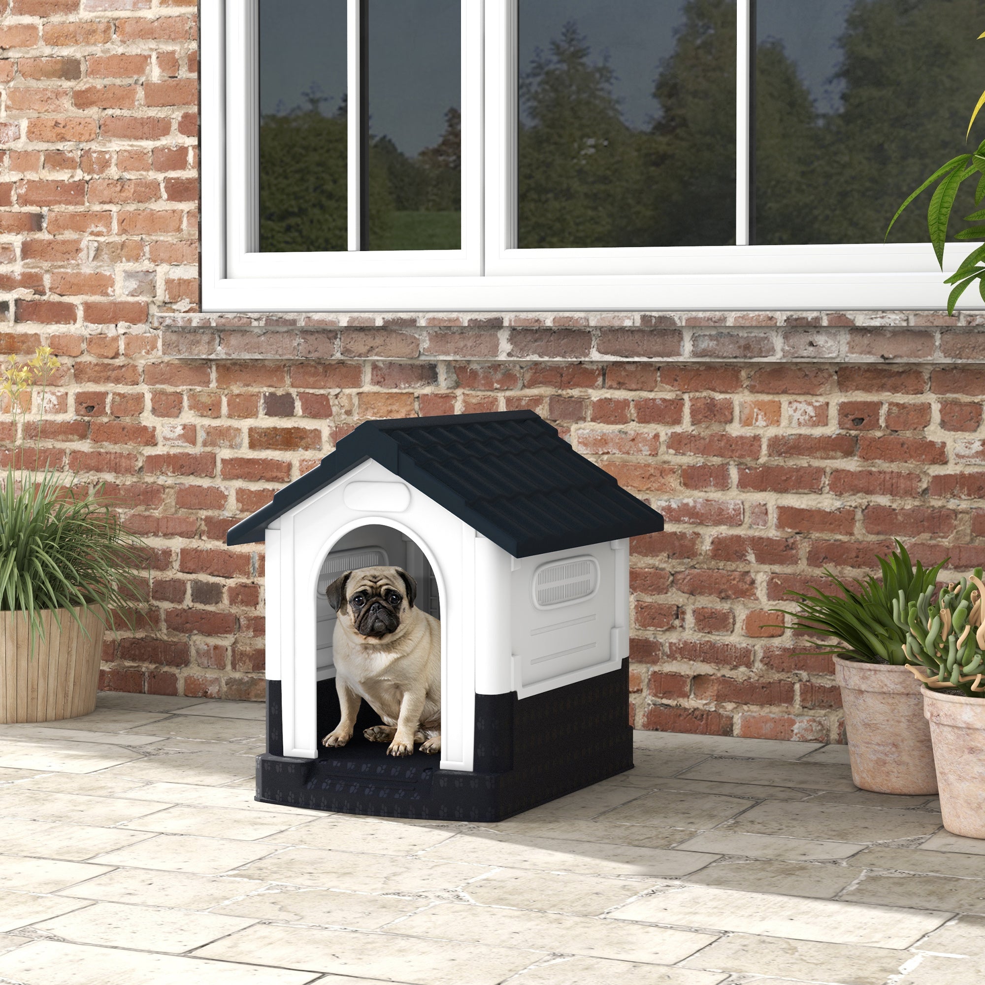 PawHut Dog Kennel for Outside, Plastic Dog House, Water-Resistant Pet Shelter with Windows, for Garden Patio, Miniature Dogs, 64.5 x 57 x 66cm - Grey