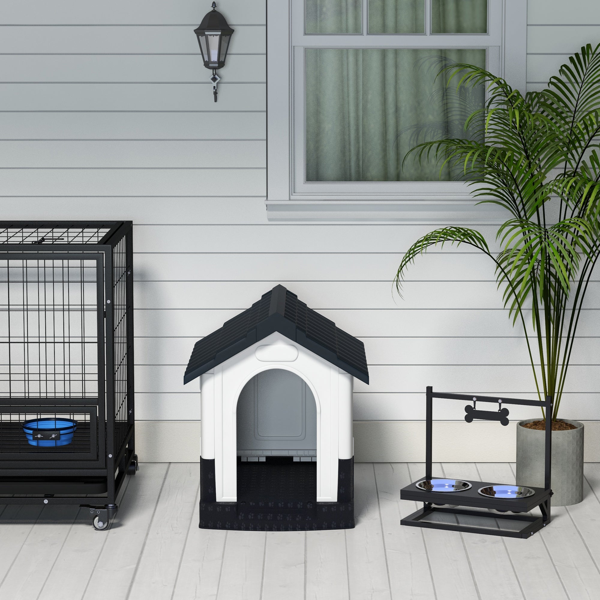 PawHut Dog Kennel for Outside, Plastic Dog House, Water-Resistant Pet Shelter with Windows, for Garden Patio, Miniature Dogs, 64.5 x 57 x 66cm - Grey