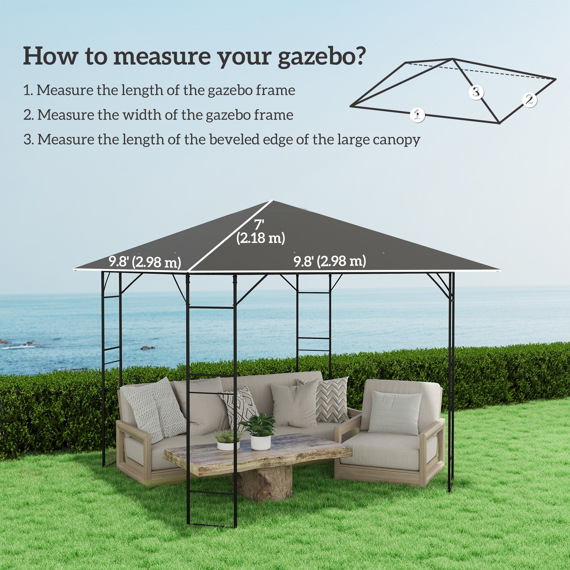 Outsunny 10' x 10' Gazebo Replacement Canopy Cover, Outdoor Gazebo Roof Replacement with Drain Holes, Water Resistant PVC Coating, 370g/㎡, UPF30+, TOP COVER ONLY, Grey