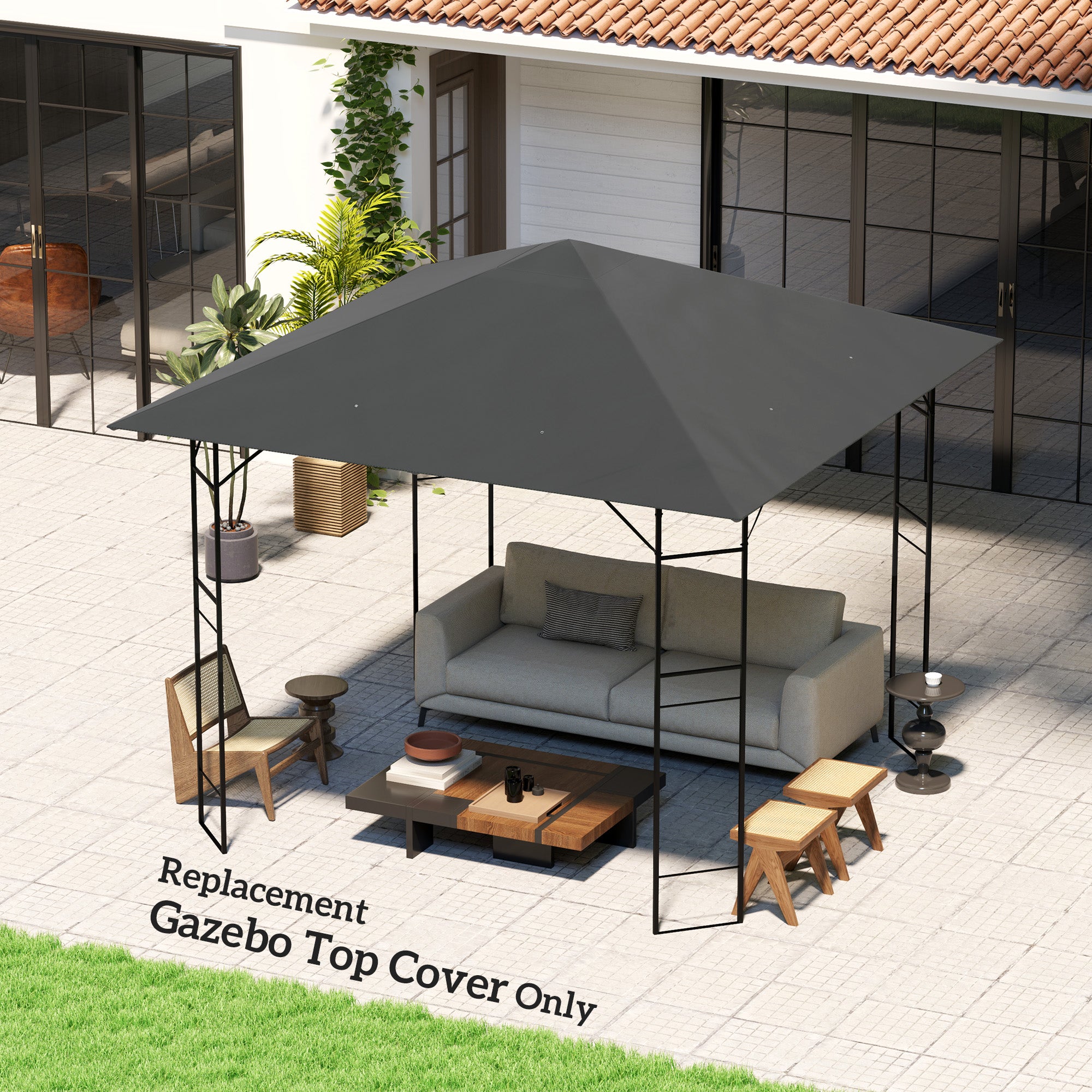 Outsunny 10' x 10' Gazebo Replacement Canopy Cover, Outdoor Gazebo Roof Replacement with Drain Holes, Water Resistant PVC Coating, 370g/㎡, UPF30+, TOP COVER ONLY, Grey