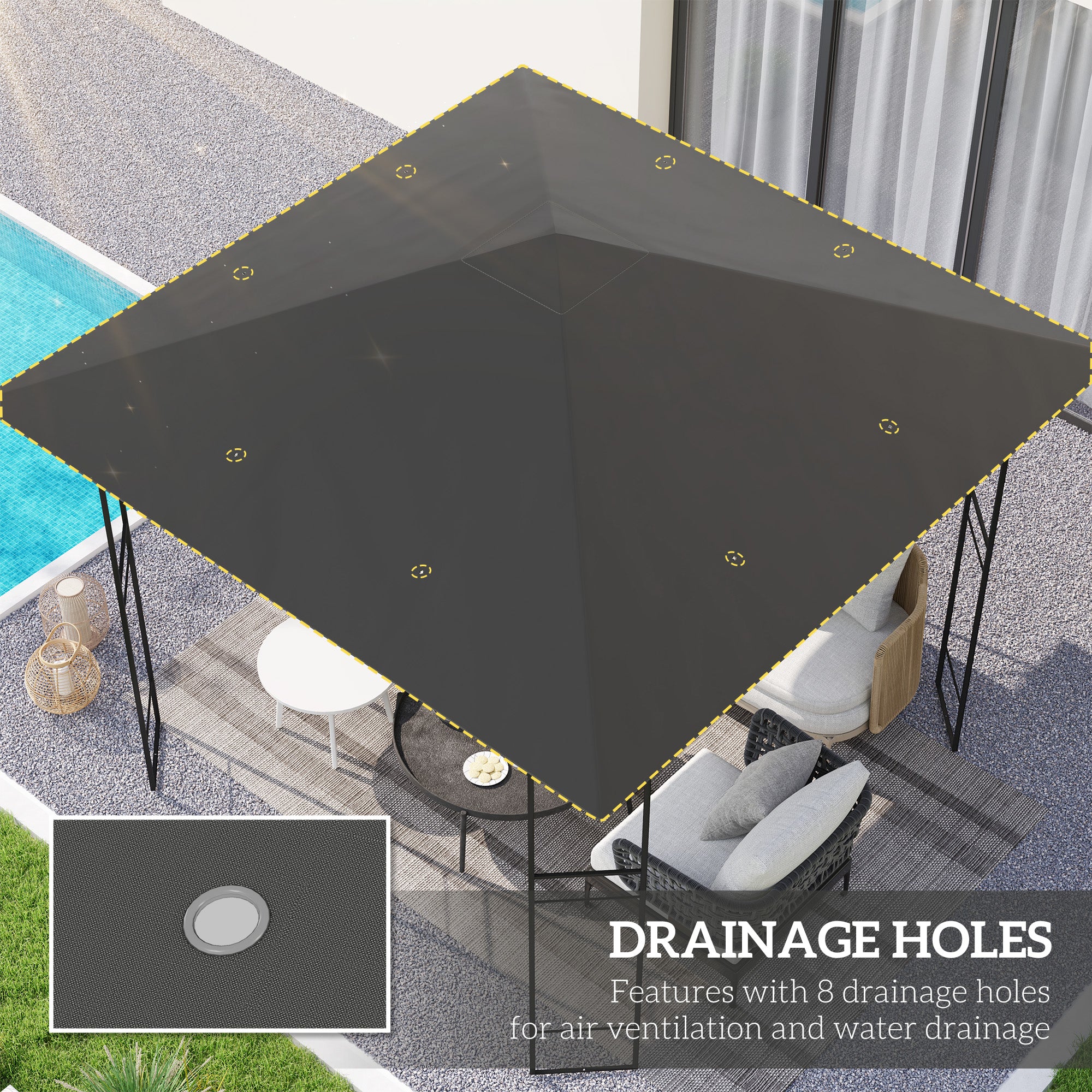 Outsunny 10' x 10' Gazebo Replacement Canopy Cover, Outdoor Gazebo Roof Replacement with Drain Holes, Water Resistant PVC Coating, 370g/㎡, UPF30+, TOP COVER ONLY, Grey