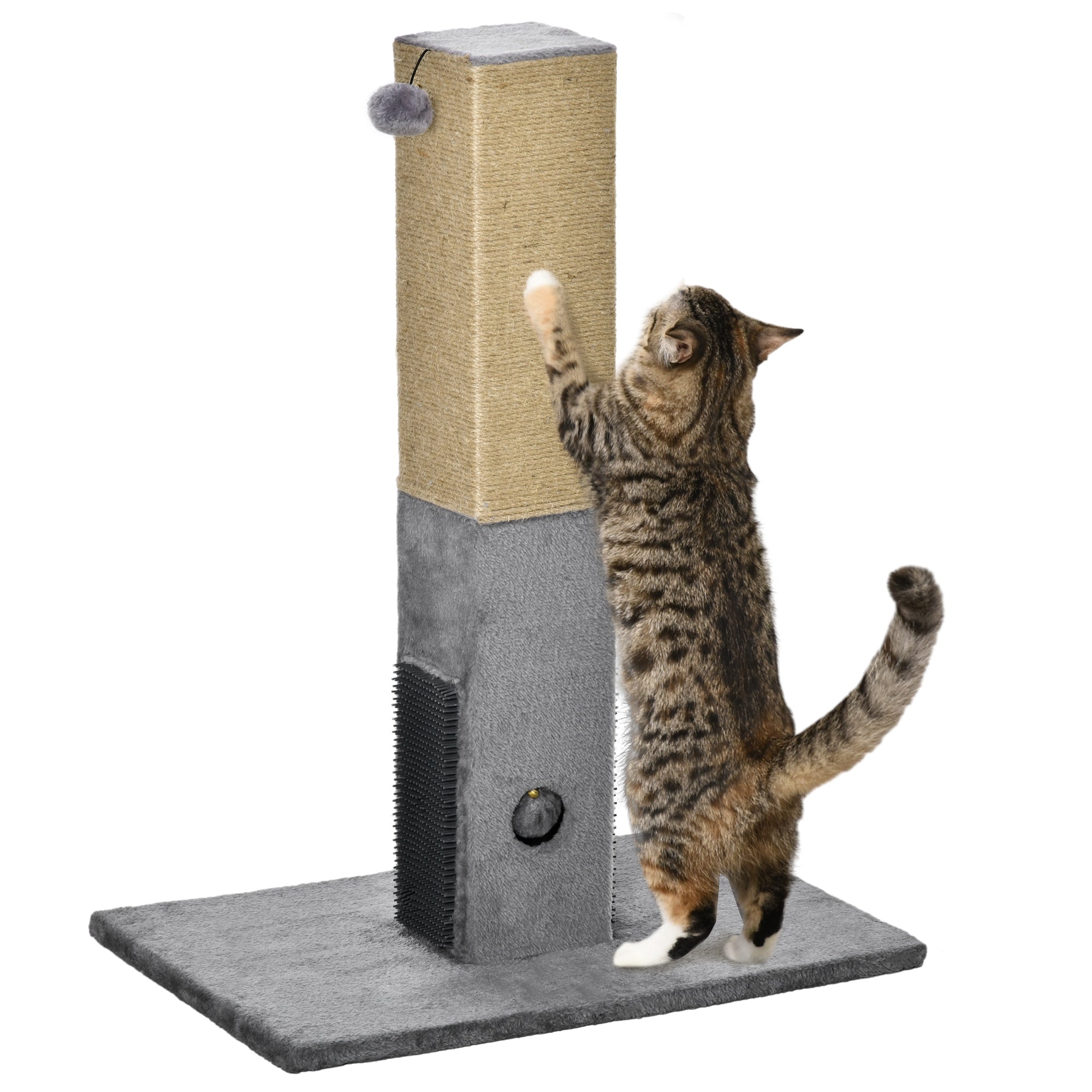 PawHut Cat Scratching Post, 31" Tall Cat Scratcher for Indoor Cats, Natural Sisal Cat Scratch Post with Hanging Balls, Grooming Brushes, Stable Base, Grey