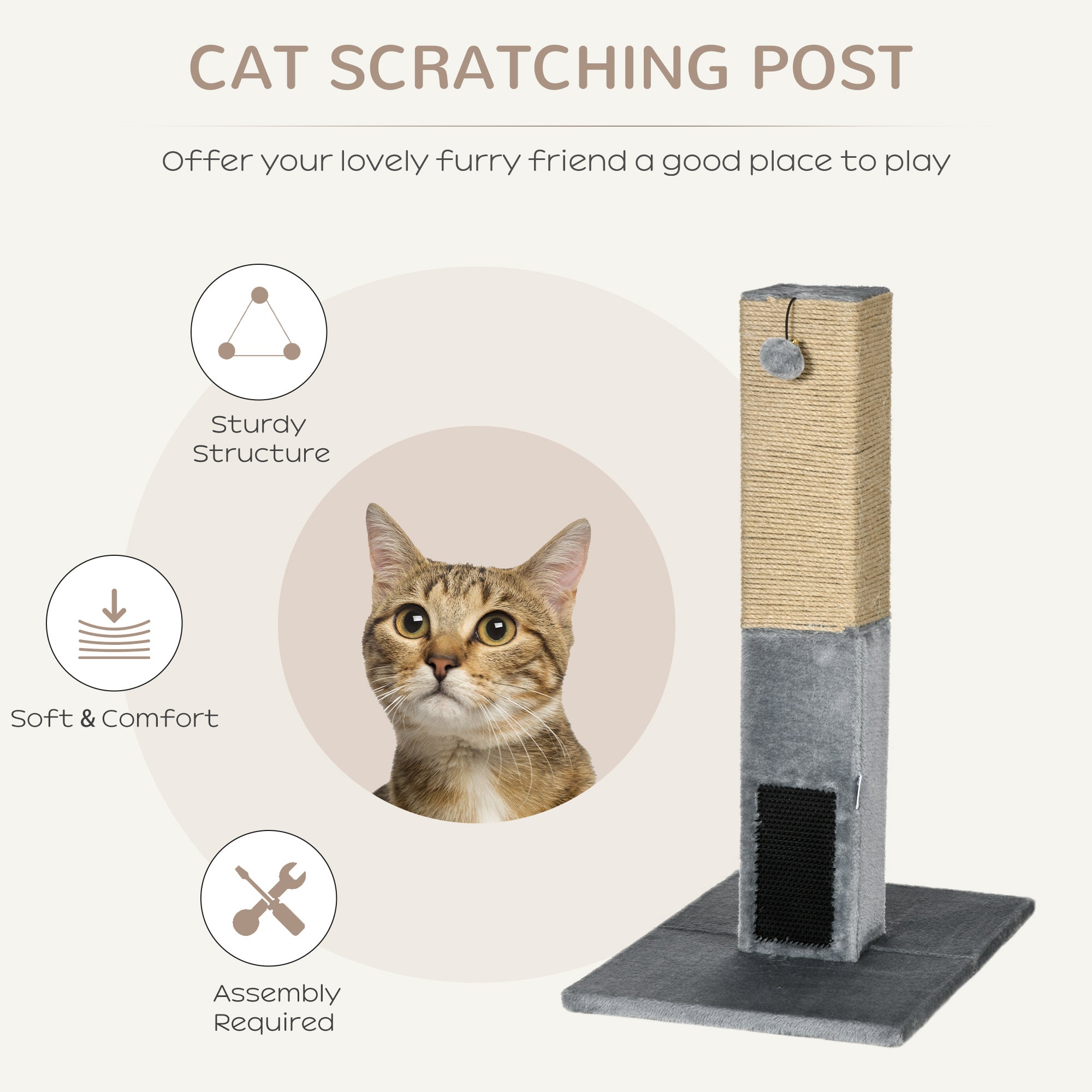 PawHut Cat Scratching Post, 31" Tall Cat Scratcher for Indoor Cats, Natural Sisal Cat Scratch Post with Hanging Balls, Grooming Brushes, Stable Base, Grey
