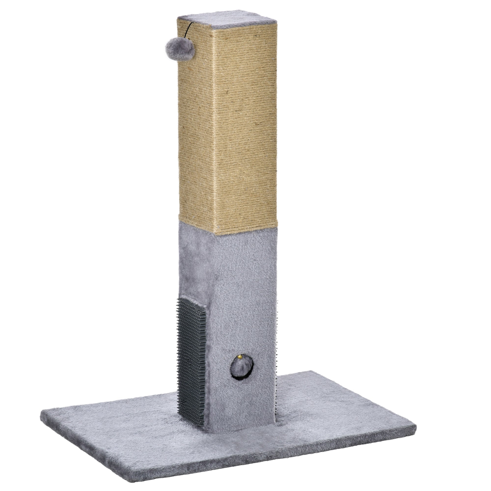 PawHut Cat Scratching Post, 31" Tall Cat Scratcher for Indoor Cats, Natural Sisal Cat Scratch Post with Hanging Balls, Grooming Brushes, Stable Base, Grey