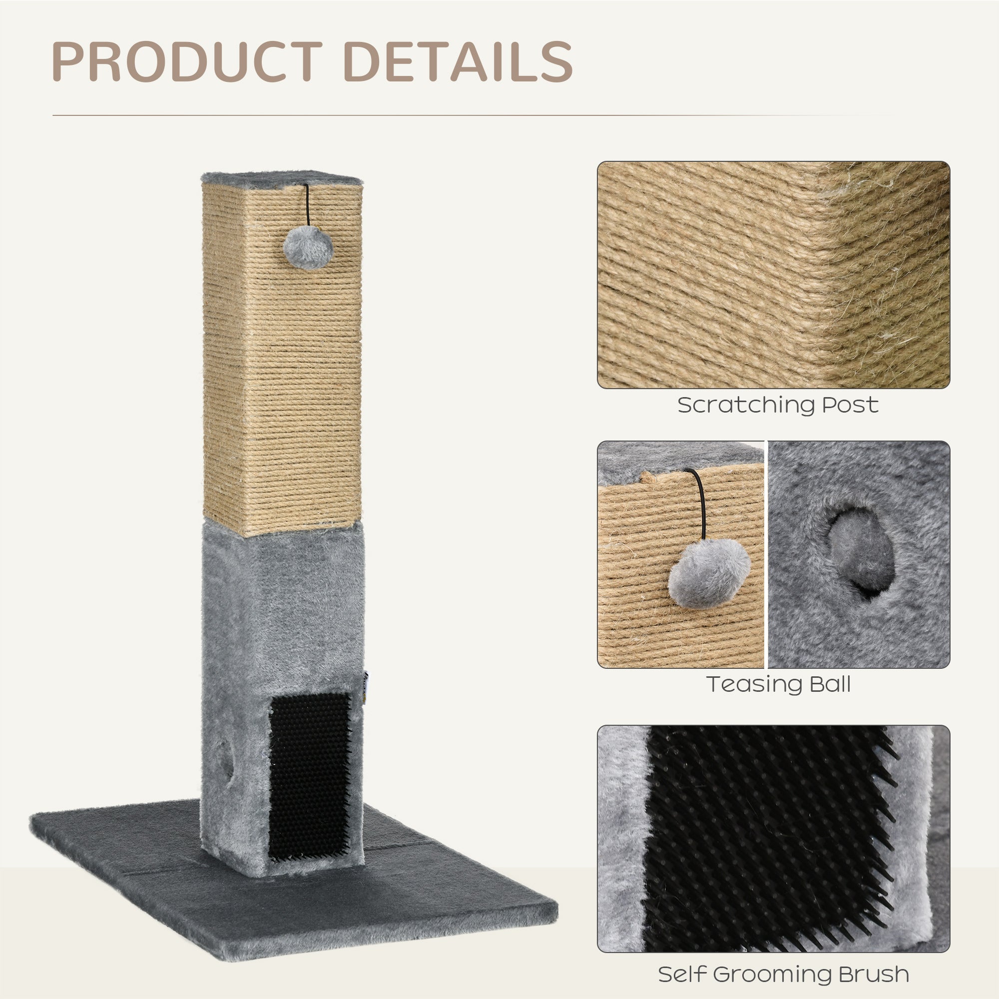PawHut Cat Scratching Post, 31" Tall Cat Scratcher for Indoor Cats, Natural Sisal Cat Scratch Post with Hanging Balls, Grooming Brushes, Stable Base, Grey