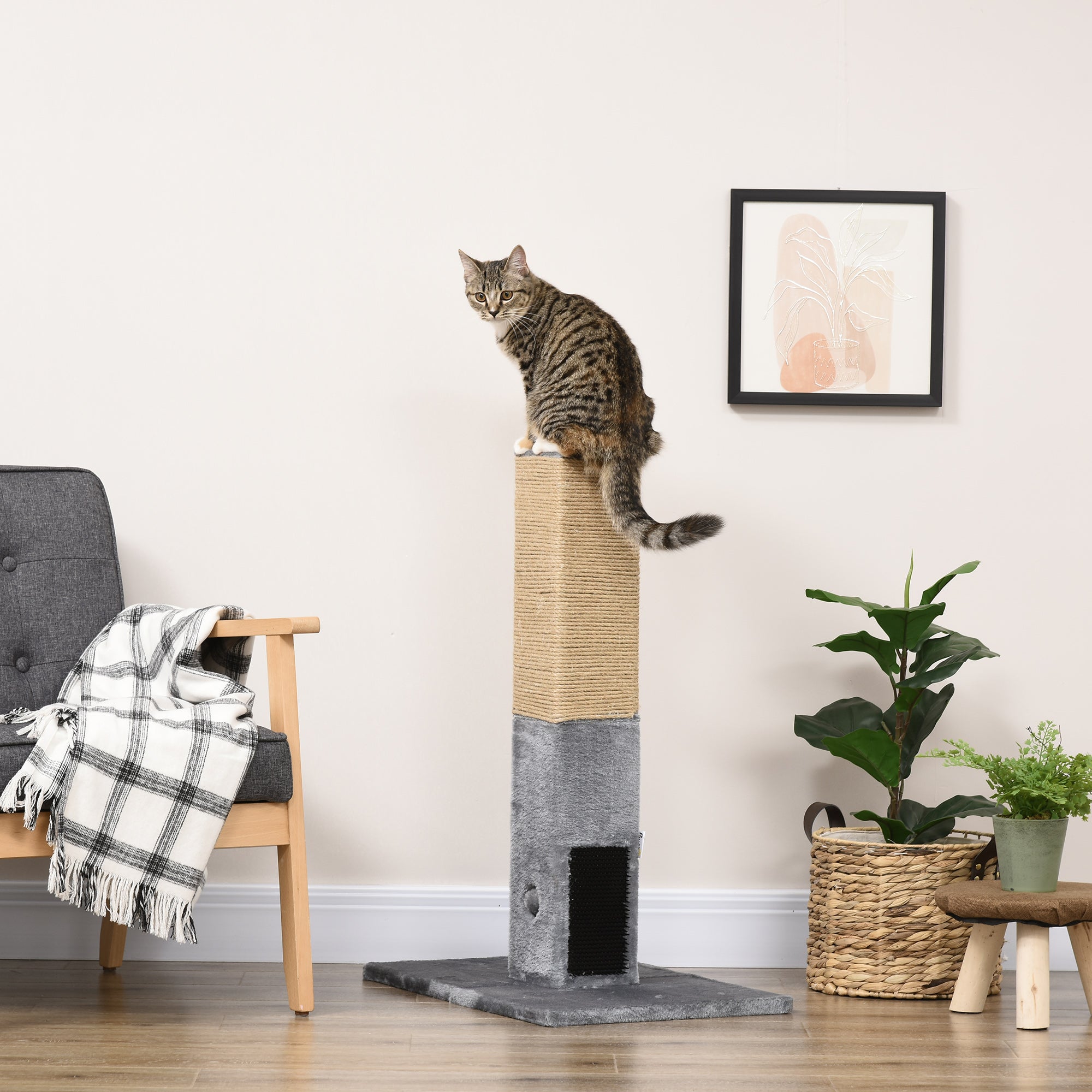 PawHut Cat Scratching Post, 31" Tall Cat Scratcher for Indoor Cats, Natural Sisal Cat Scratch Post with Hanging Balls, Grooming Brushes, Stable Base, Grey