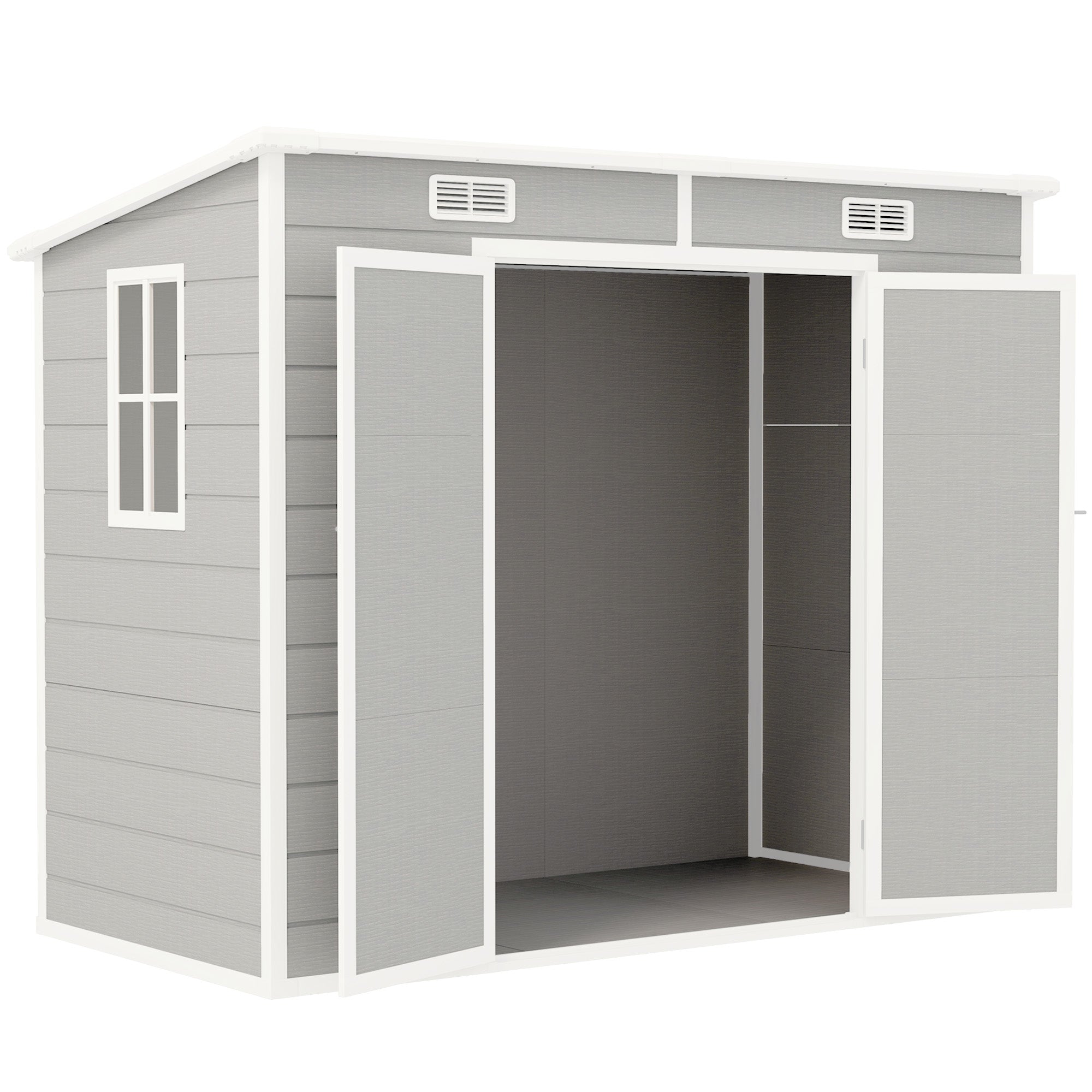 Outsunny 8' x 4' Outdoor Storage Shed, Resin Plastic Shed with Floor, Window, Lockable Doors and Vents, All-Weather Garden Shed for Backyard, Patio, Lawn, Light Grey