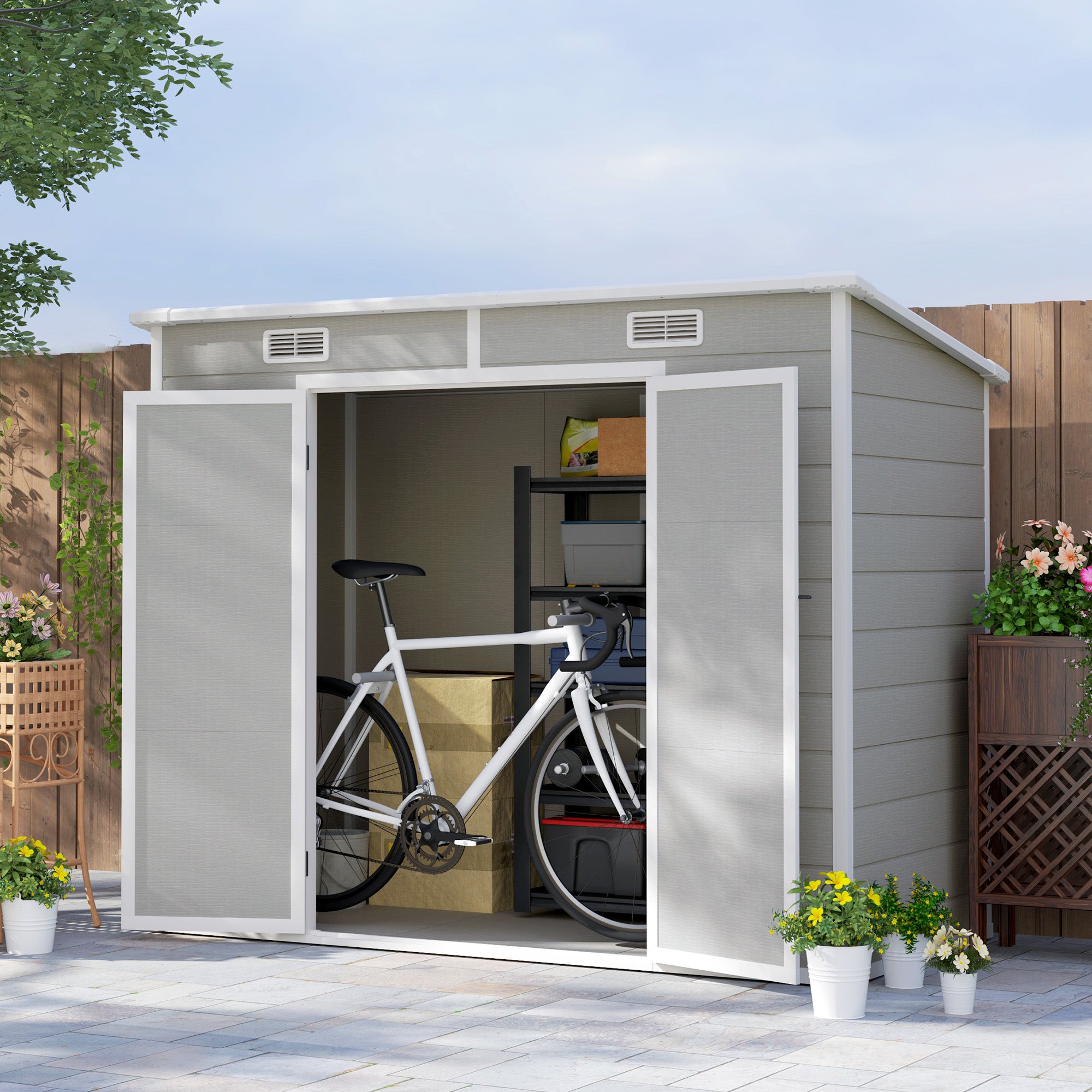 Outsunny 8' x 4' Outdoor Storage Shed, Resin Plastic Shed with Floor, Window, Lockable Doors and Vents, All-Weather Garden Shed for Backyard, Patio, Lawn, Light Grey