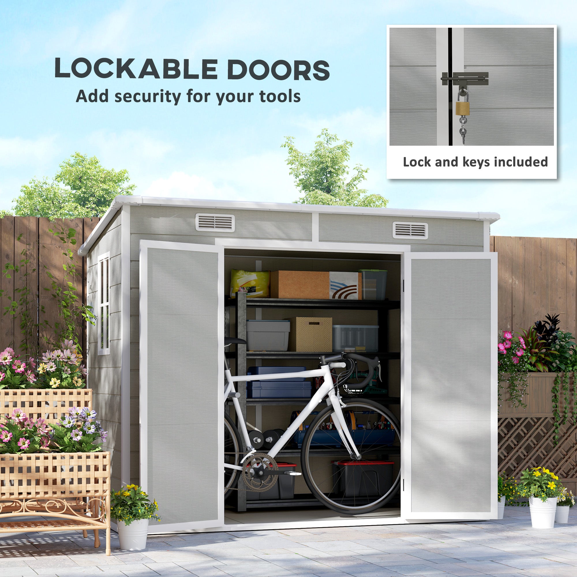 Outsunny 8' x 4' Outdoor Storage Shed, Resin Plastic Shed with Floor, Window, Lockable Doors and Vents, All-Weather Garden Shed for Backyard, Patio, Lawn, Light Grey