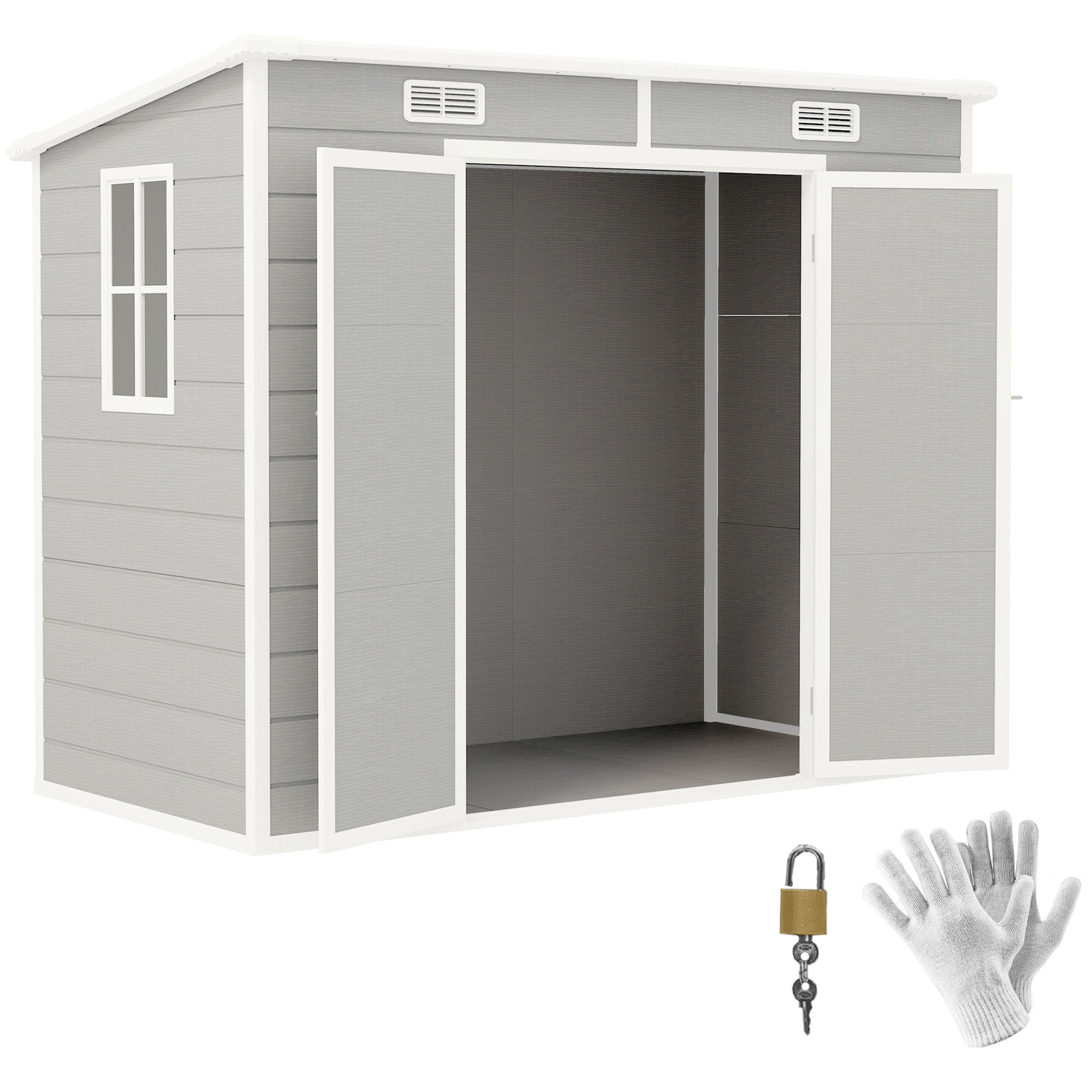 Outsunny 8' x 4' Outdoor Storage Shed, Resin Plastic Shed with Floor, Window, Lockable Doors and Vents, All-Weather Garden Shed for Backyard, Patio, Lawn, Light Grey