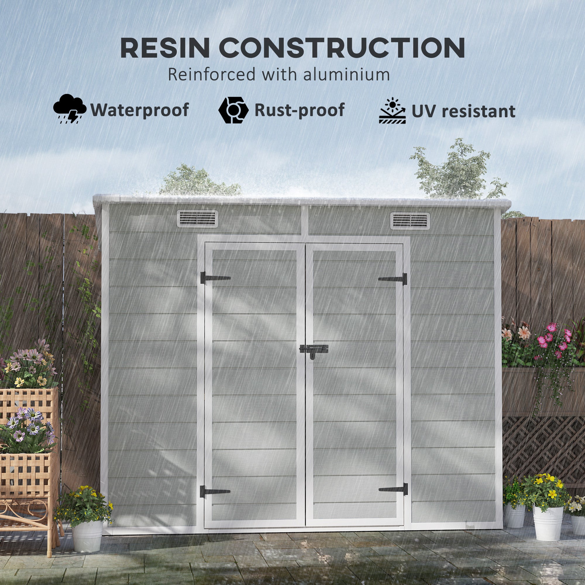 Outsunny 8' x 4' Outdoor Storage Shed, Resin Plastic Shed with Floor, Window, Lockable Doors and Vents, All-Weather Garden Shed for Backyard, Patio, Lawn, Light Grey