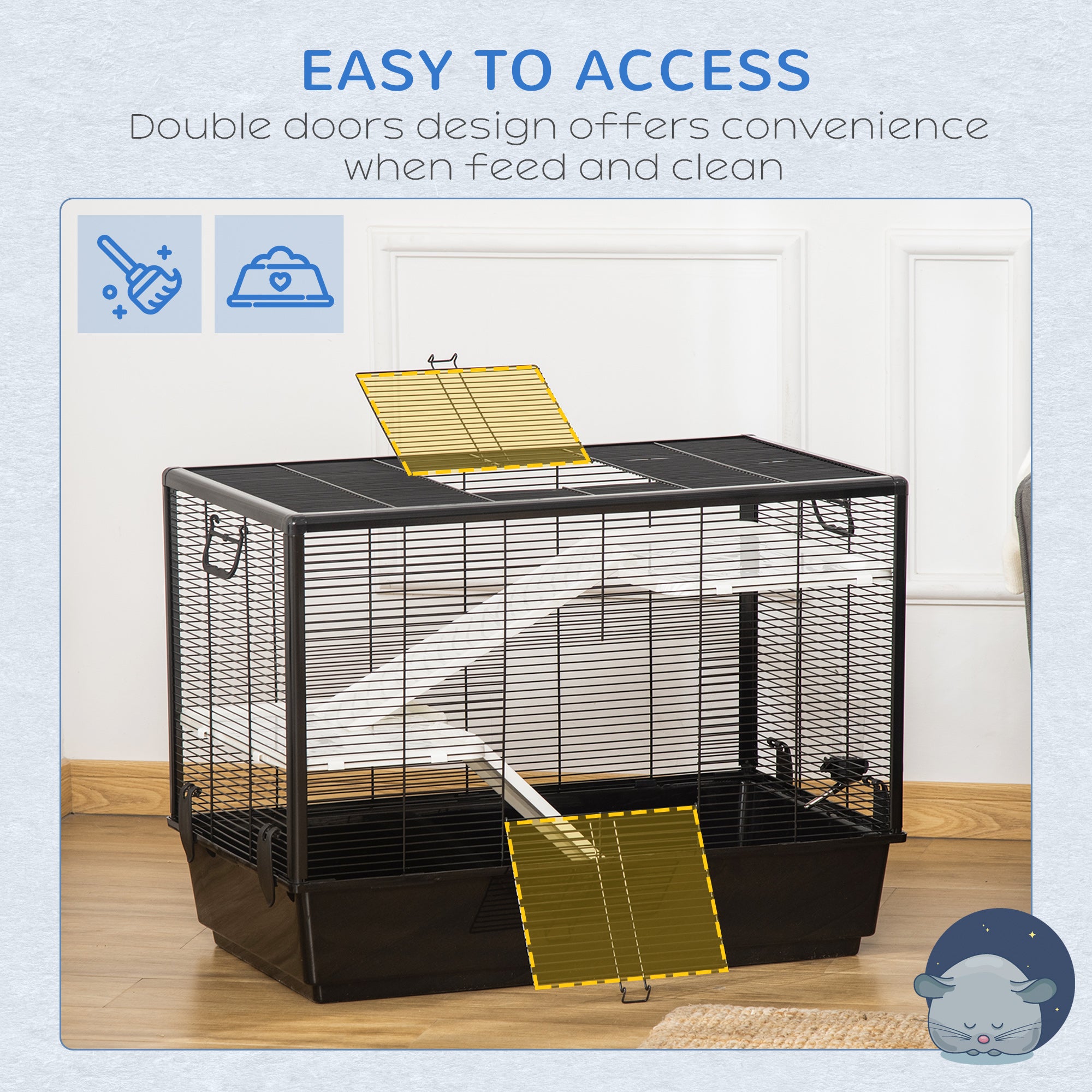 PawHut 3-Tier Hamster Cage, Guinea Pig Cage, Pet Chinchillas Play House Indoor with Accessories Food Dish Water Bottle, Ramps, 31.5"x19"x 23", Black