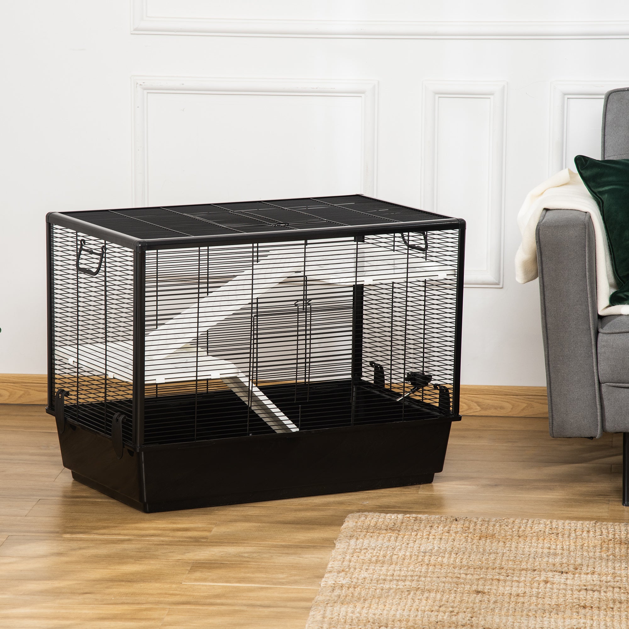 PawHut 3-Tier Hamster Cage, Guinea Pig Cage, Pet Chinchillas Play House Indoor with Accessories Food Dish Water Bottle, Ramps, 31.5"x19"x 23", Black