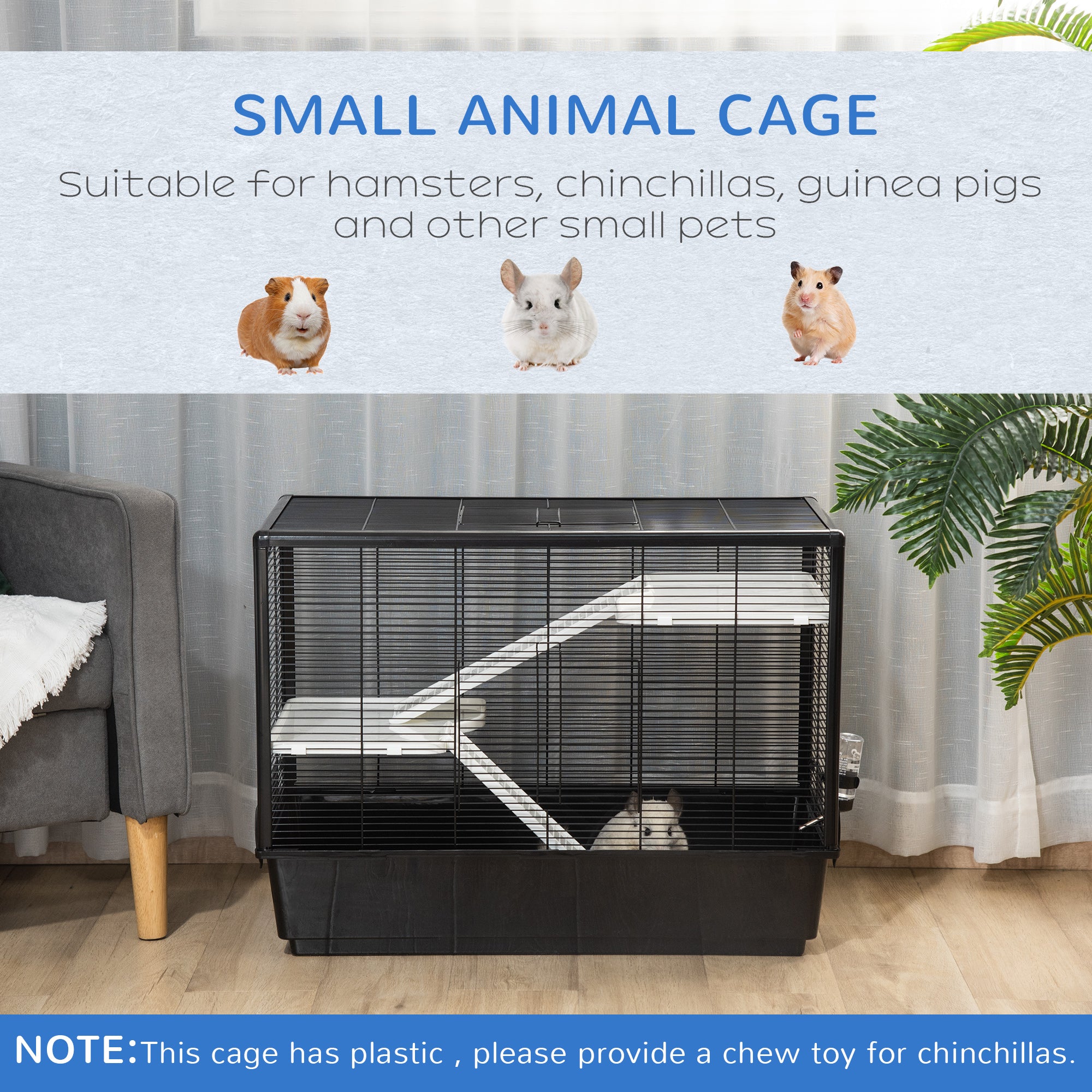 PawHut 3-Tier Hamster Cage, Guinea Pig Cage, Pet Chinchillas Play House Indoor with Accessories Food Dish Water Bottle, Ramps, 31.5"x19"x 23", Black