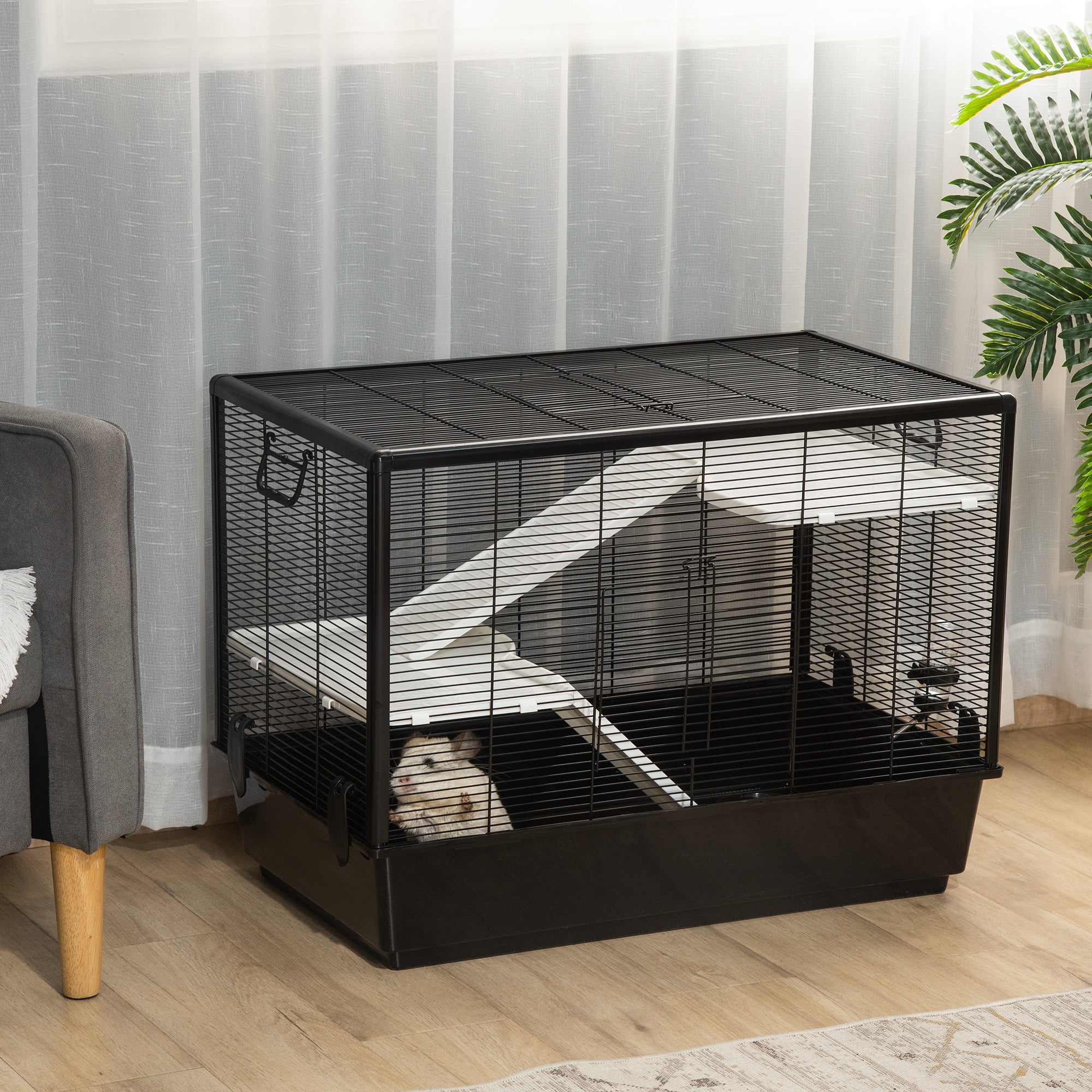 PawHut 3-Tier Hamster Cage, Guinea Pig Cage, Pet Chinchillas Play House Indoor with Accessories Food Dish Water Bottle, Ramps, 31.5"x19"x 23", Black