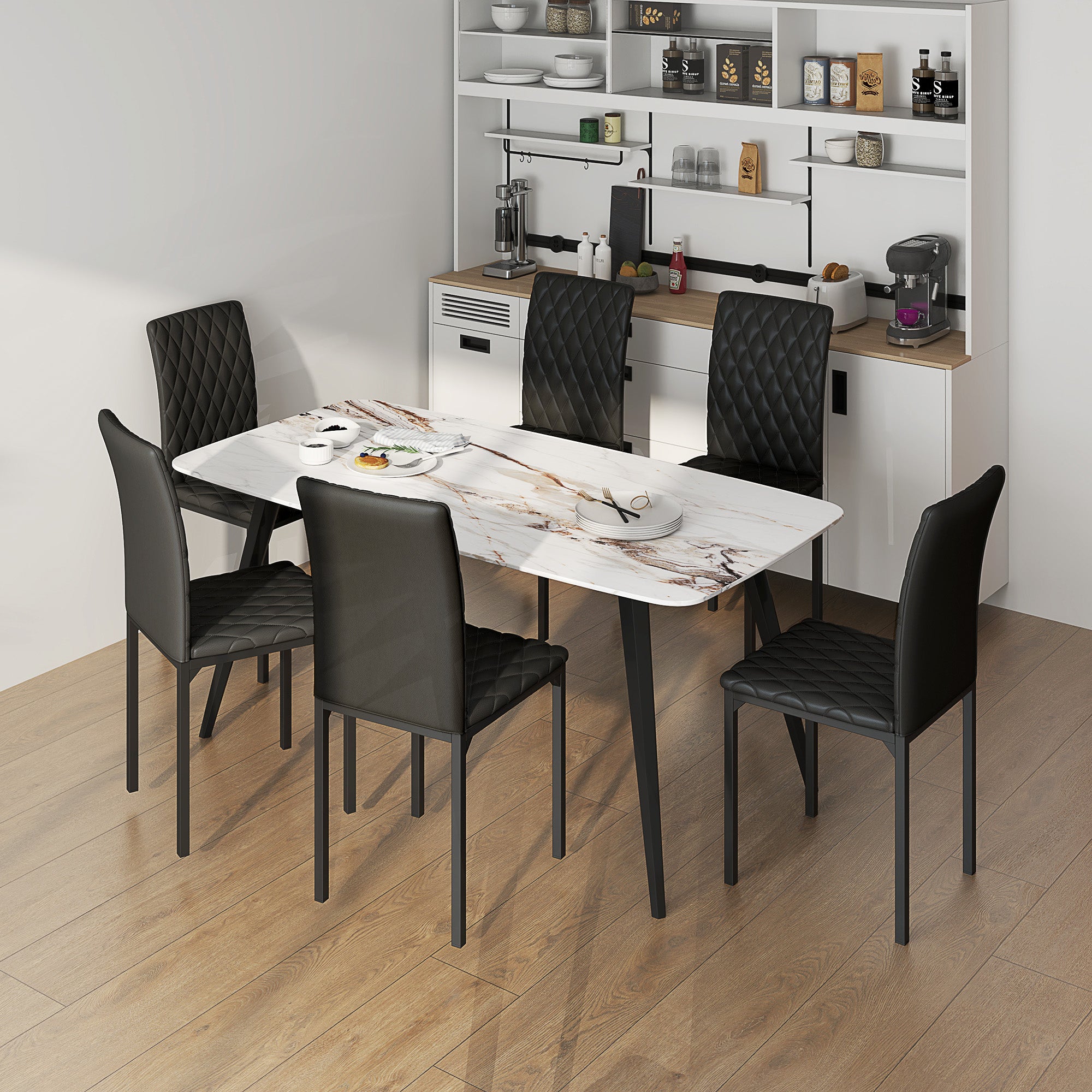 HOMCOM Modern Dining Chairs Set of 6, Upholstered Faux Leather Kitchen Chairs with Rhombic Tufting and Metal Legs for Living Room, Black