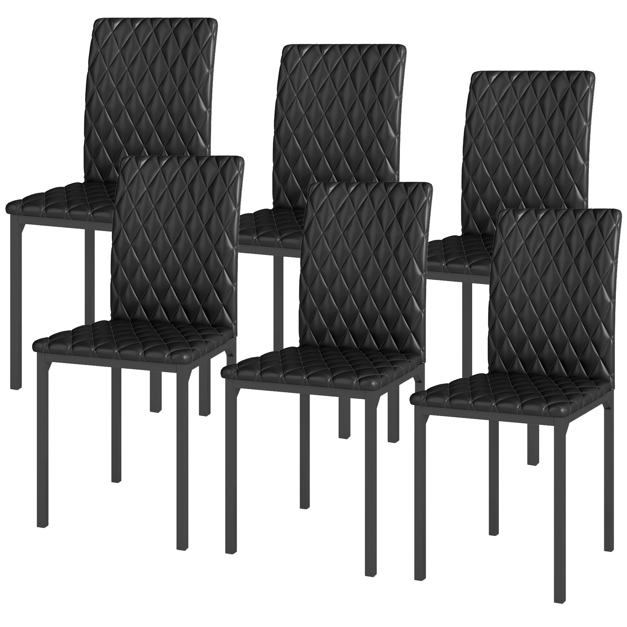 HOMCOM Modern Dining Chairs Set of 6, Upholstered Faux Leather Kitchen Chairs with Rhombic Tufting and Metal Legs for Living Room, Black