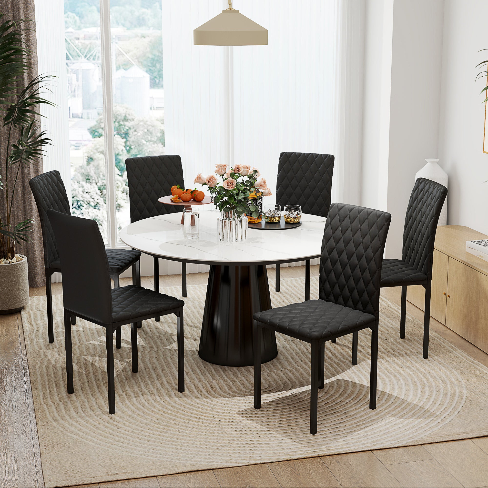 HOMCOM Modern Dining Chairs Set of 6, Upholstered Faux Leather Kitchen Chairs with Rhombic Tufting and Metal Legs for Living Room, Black