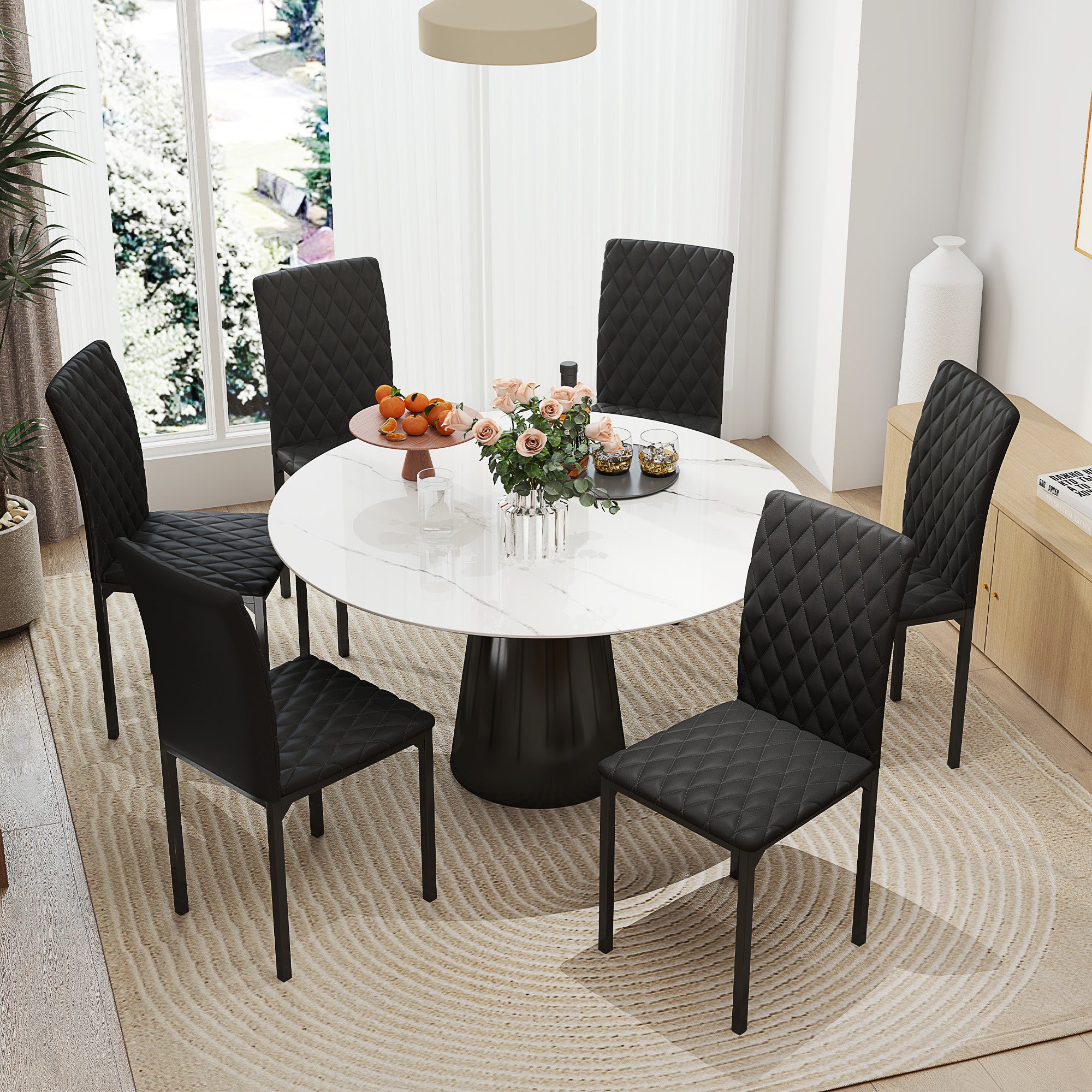 HOMCOM Modern Dining Chairs Set of 6, Upholstered Faux Leather Kitchen Chairs with Rhombic Tufting and Metal Legs for Living Room, Black
