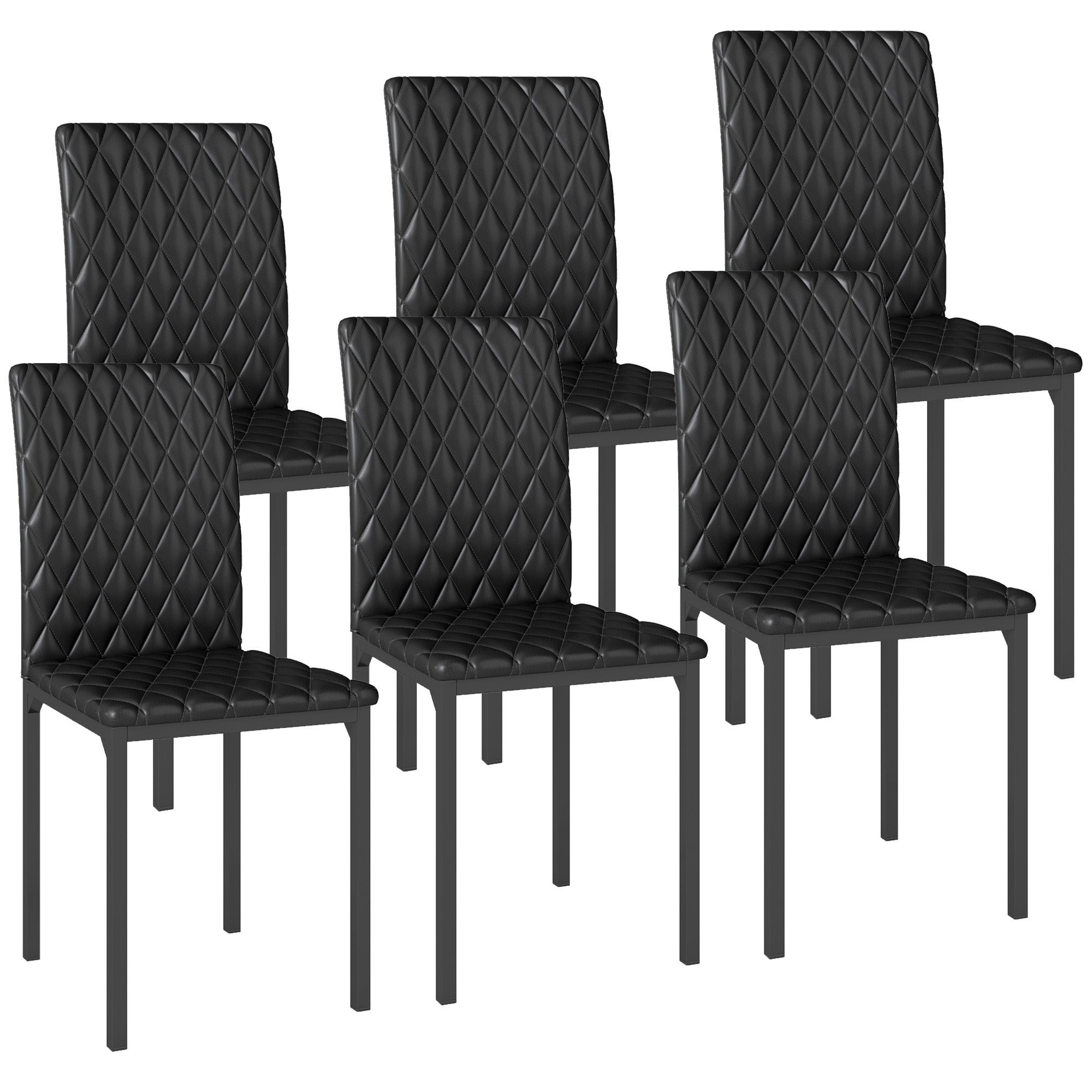 HOMCOM Modern Dining Chairs Set of 6, Upholstered Faux Leather Kitchen Chairs with Rhombic Tufting and Metal Legs for Living Room, Black