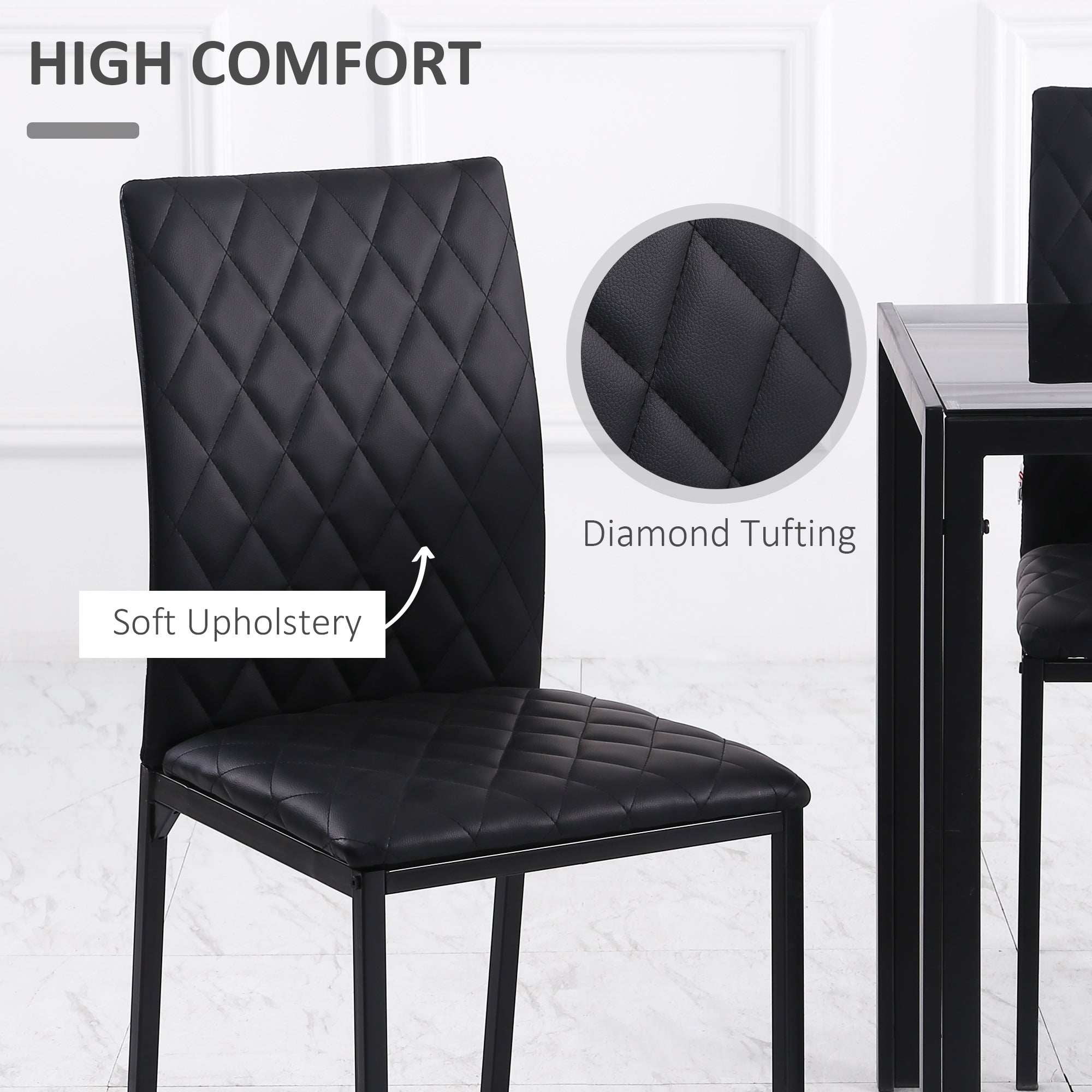 HOMCOM Modern Dining Chairs Set of 6, Upholstered Faux Leather Kitchen Chairs with Rhombic Tufting and Metal Legs for Living Room, Black