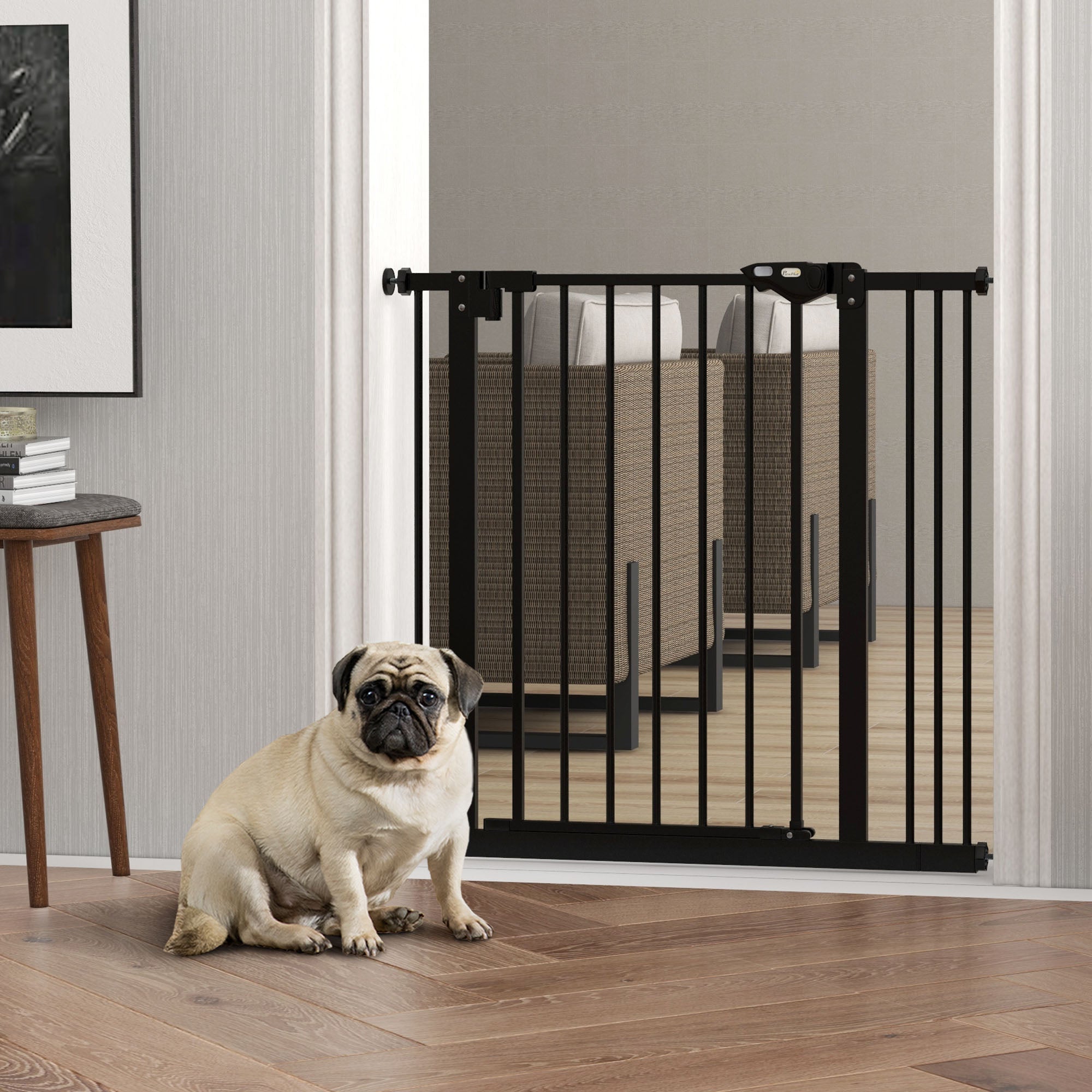 PawHut Dog Gate Stair Gate Pressure Fit Pets Barrier Auto Close for Doorway Hallway, 74-87cm Wide Adjustable, Black