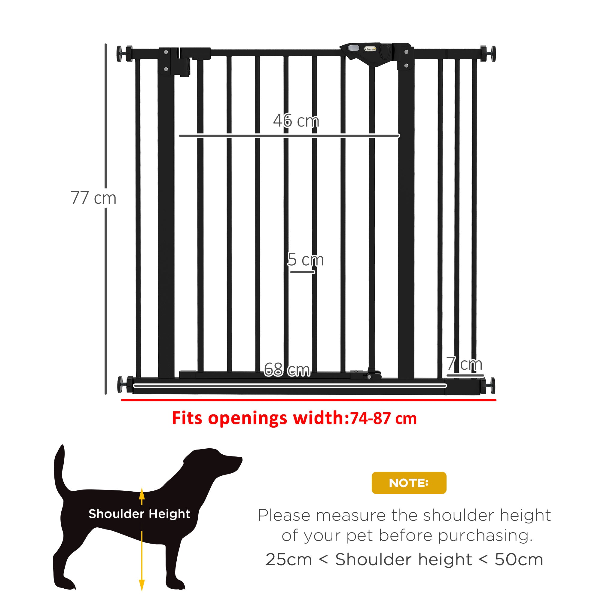 PawHut Dog Gate Stair Gate Pressure Fit Pets Barrier Auto Close for Doorway Hallway, 74-87cm Wide Adjustable, Black