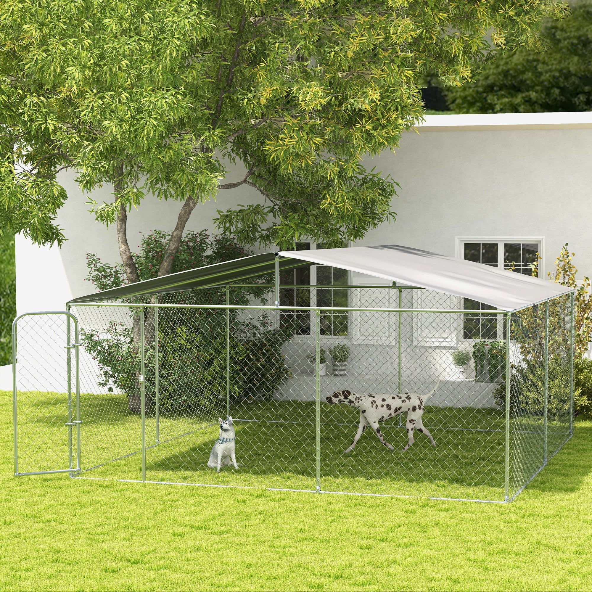 PawHut Dog Kennel Outdoor Run Fence with Roof, Steel Lock, Mesh Sidewalls for Backyard & Patio, 15.1' x 15.1' x 7.5'