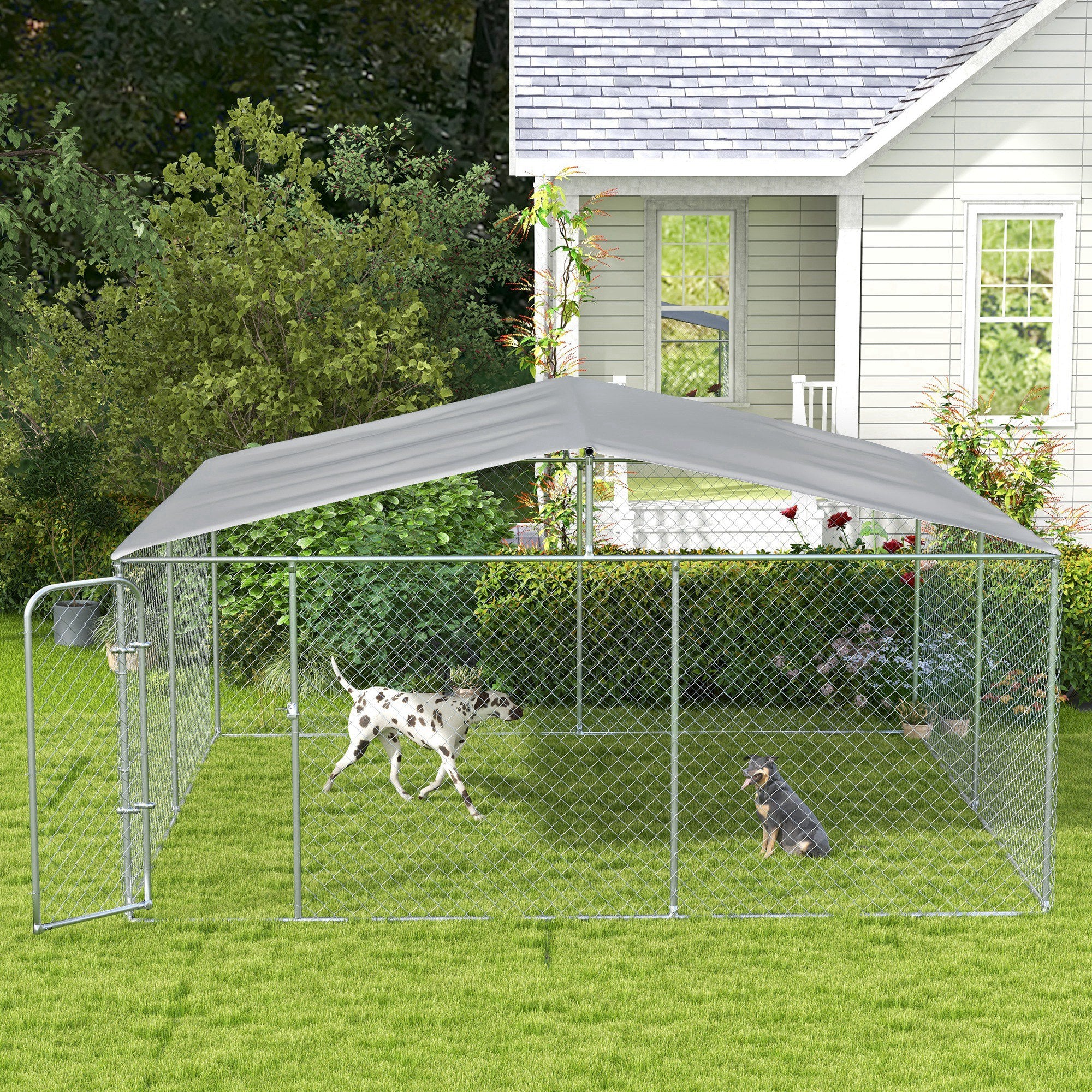 PawHut Dog Kennel Outdoor Run Fence with Roof, Steel Lock, Mesh Sidewalls for Backyard & Patio, 15.1' x 15.1' x 7.5'