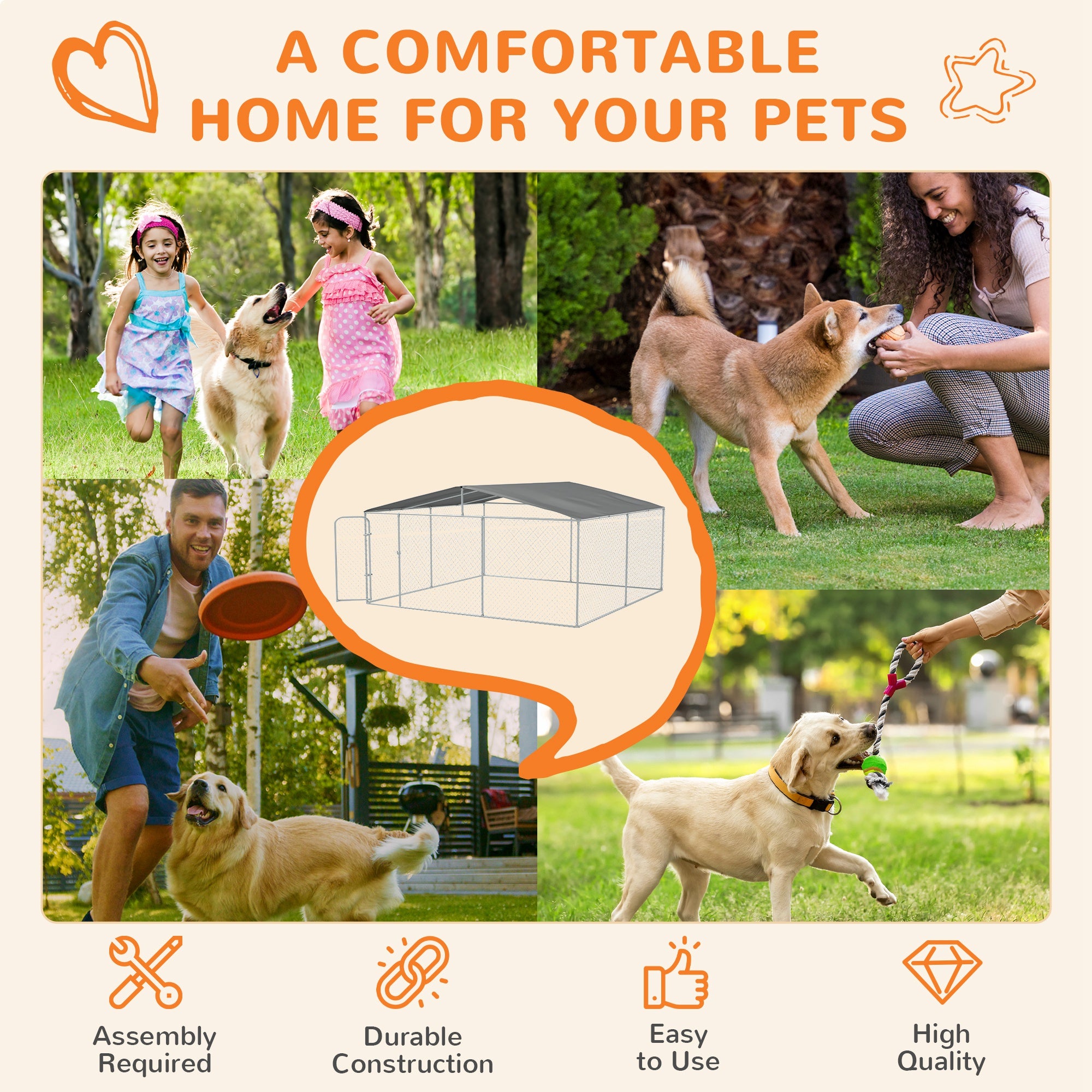 PawHut Dog Kennel Outdoor Run Fence with Roof, Steel Lock, Mesh Sidewalls for Backyard & Patio, 15.1' x 15.1' x 7.5'