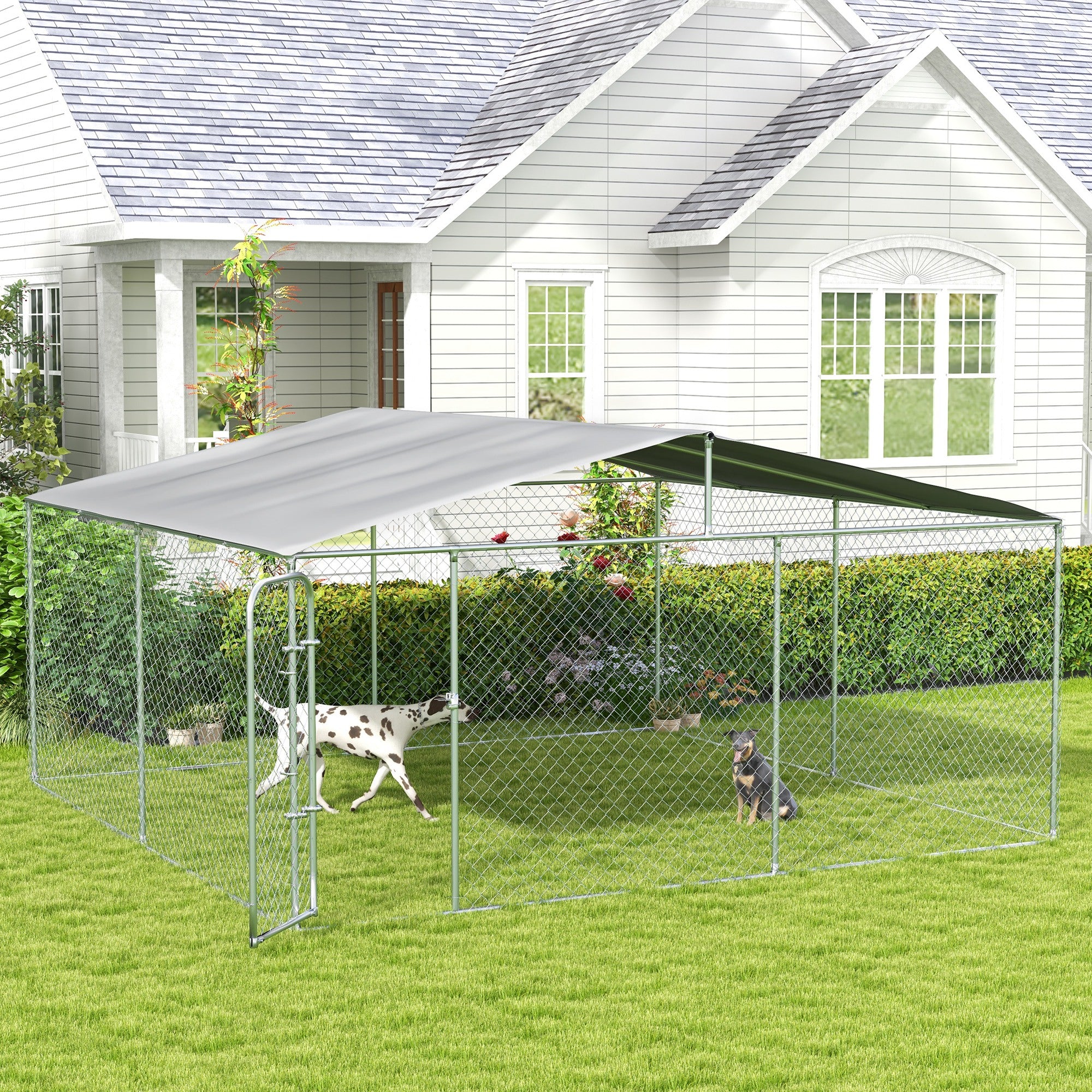 PawHut Dog Kennel Outdoor Run Fence with Roof, Steel Lock, Mesh Sidewalls for Backyard & Patio, 15.1' x 15.1' x 7.5'